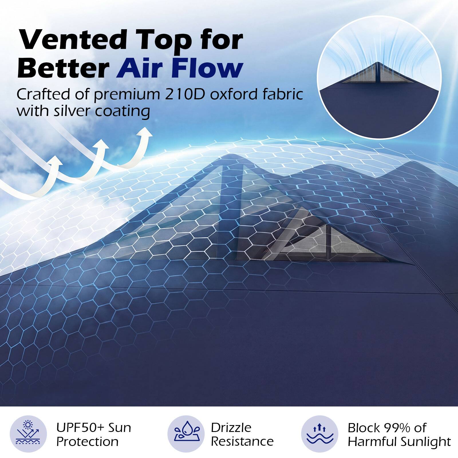 Vented Top for Better Air Flow  
Crafted of premium 210D oxford fabric with silver coating  

UPF50+ Sun Protection  
Drizzle Resistance  
Block 99% of Harmful Sunlight