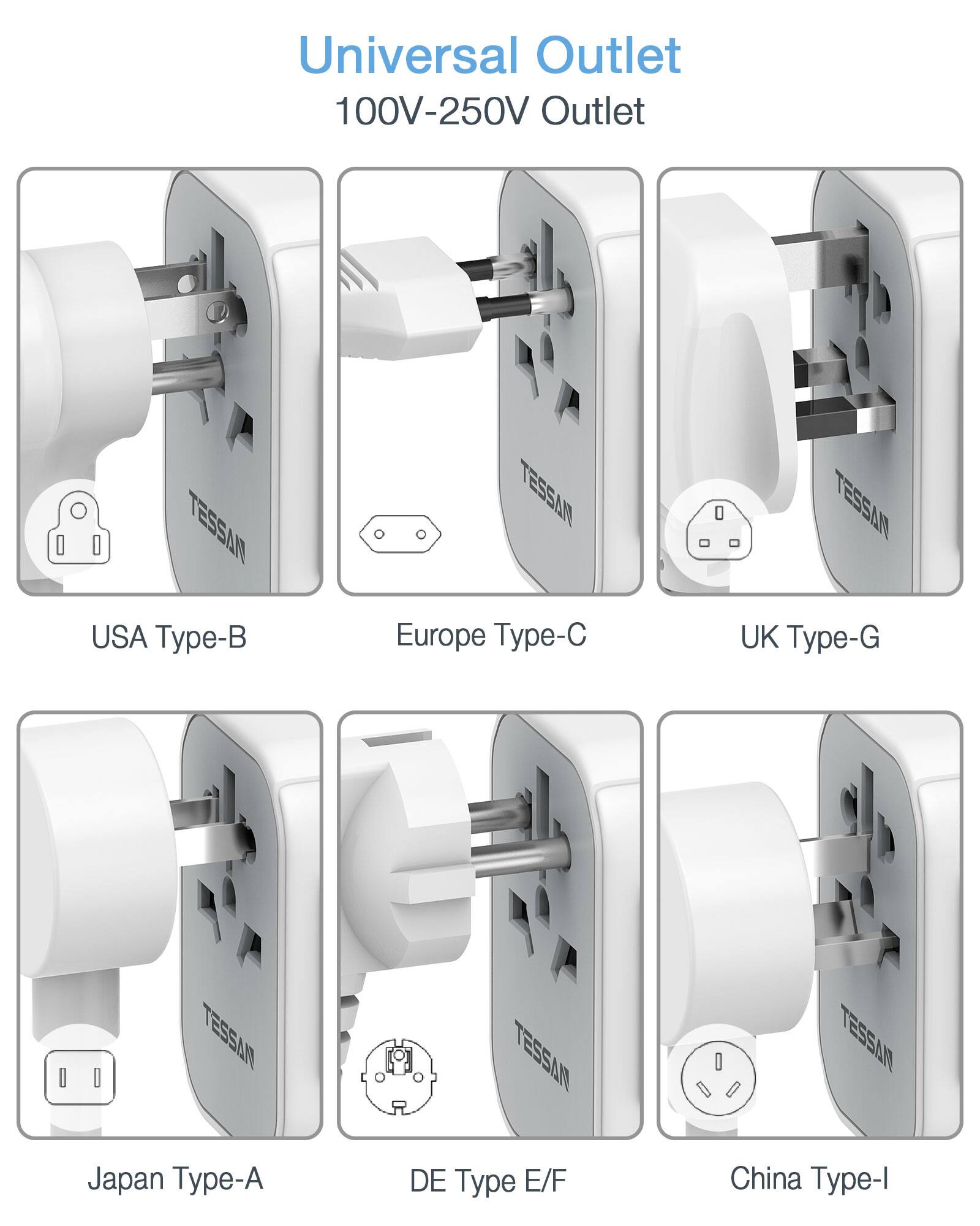 Universal Outlet  
100V-250V Outlet  

USA Type-B  
Europe Type-C  
UK Type-G  
Japan Type-A  
DE Type E/F  
China Type-I