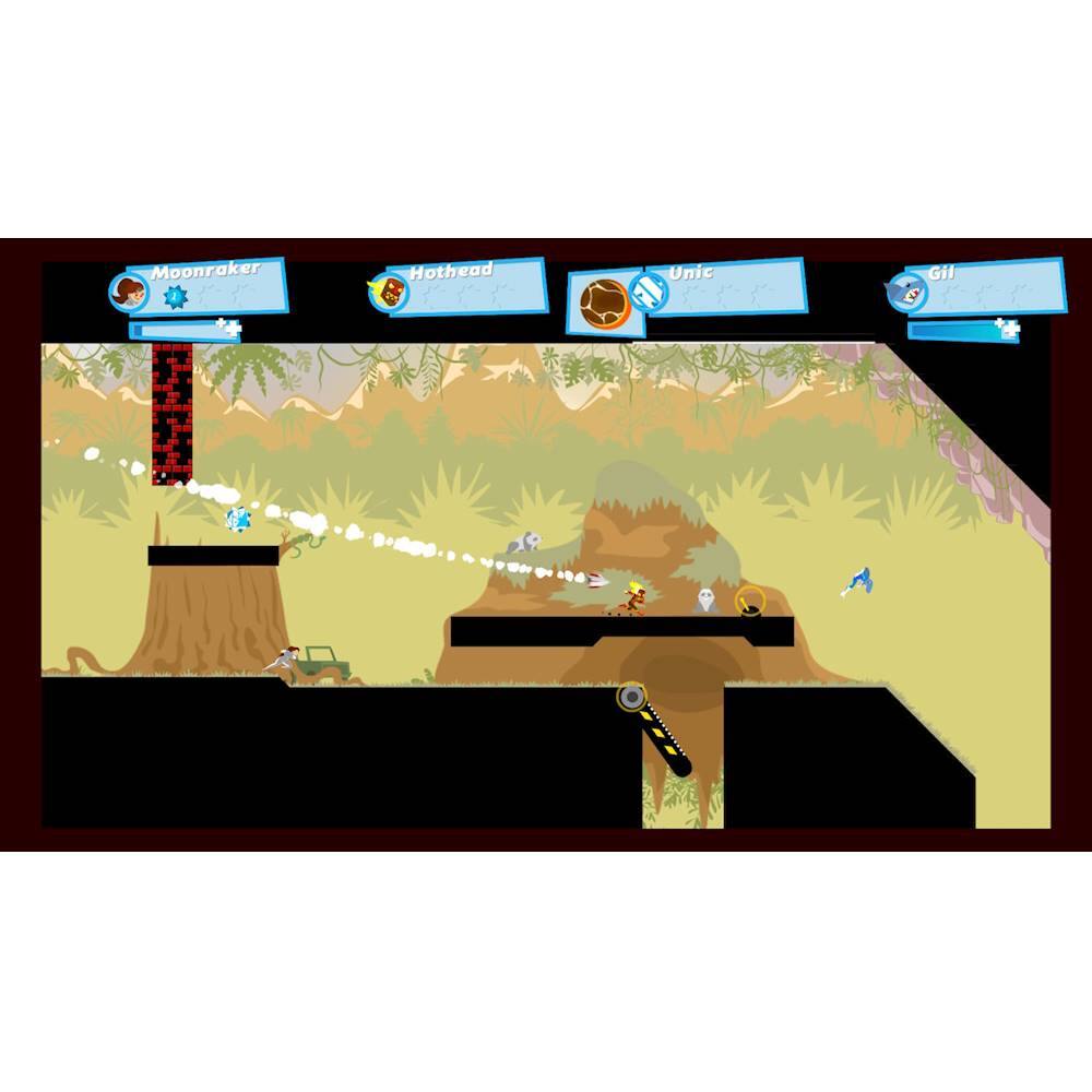 The image features a video game with a character named Moonraker. The game is set in a jungle environment, and the character is riding a skateboard. The game is displayed on a TV screen, and there are multiple levels to the game. The character is also seen riding a skateboard on a ramp, which adds to the excitement and challenge of the game.