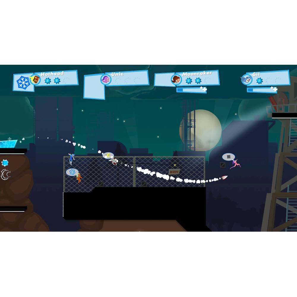The image features a video game with a character riding a skateboard, surrounded by a fence. The game has a nighttime setting, and there are multiple characters in the scene, including one on a skateboard and another on a bicycle. The game also includes a moon in the background, adding to the overall atmosphere.