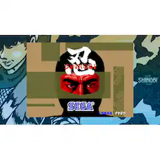 The image features a man wearing a mask, which is likely a character from a video game. The masked man is prominently displayed in the image, and the text "Shinobi" is visible in the background. The image also includes the text "SEGA" and the year "1987," which suggests that the game was released by Sega in that year.