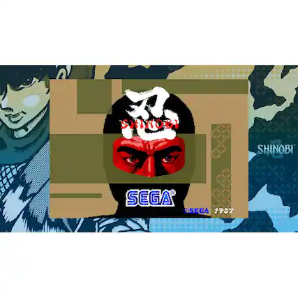 The image features a man wearing a mask, which is likely a character from a video game. The masked man is prominently displayed in the image, and the text "Shinobi" is visible in the background. The image also includes the text "SEGA" and the year "1987," which suggests that the game was released by Sega in that year. - E10+ (Everyone 10+)