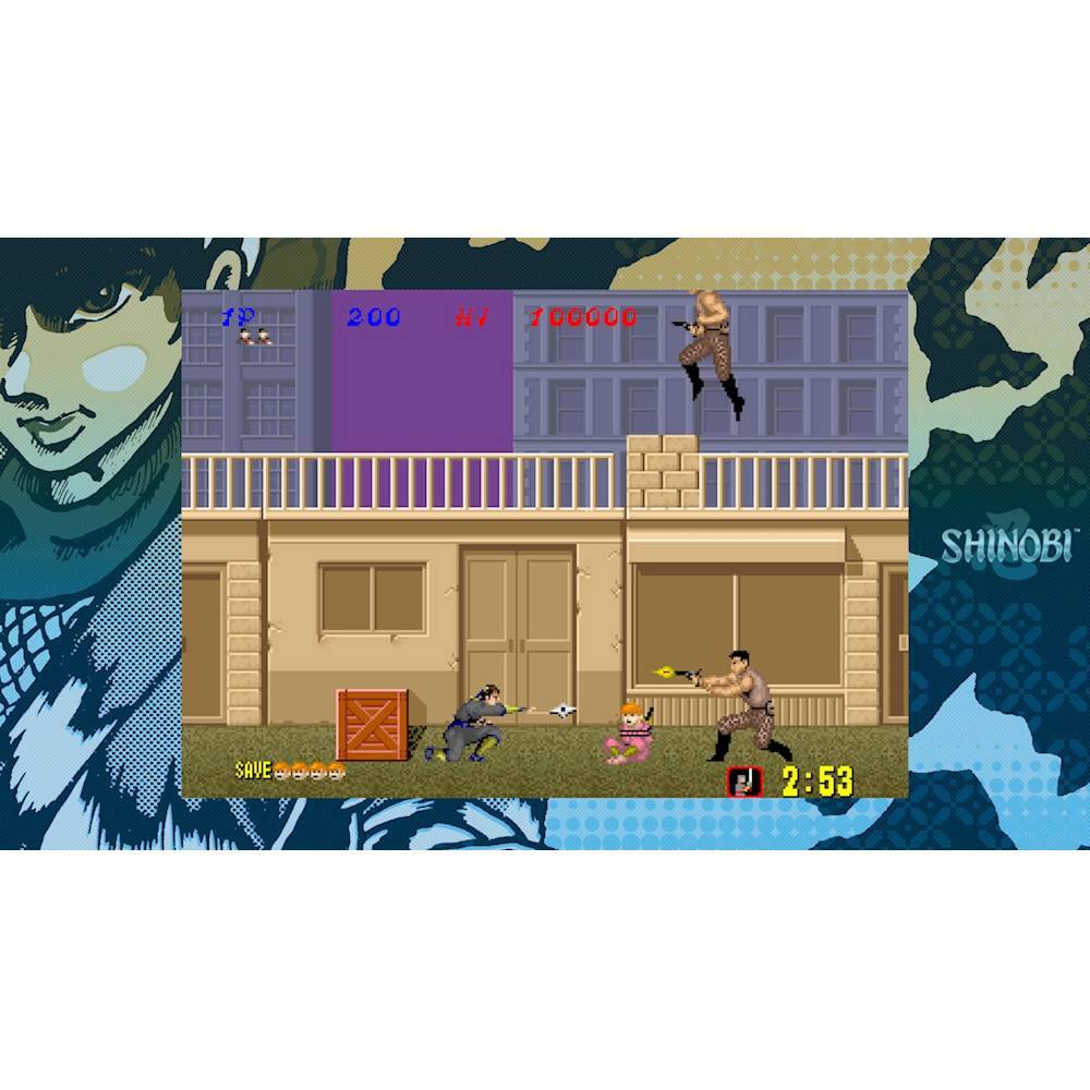 The image features a video game with a character named Shinobi. The game is set in a city with a building in the background. There are multiple people in the scene, including a man standing on a balcony and a person holding a gun. The game is set in a 2D environment, and the time displayed is 2:53. The Shinobi character is likely the main focus of the game, and the player's objective is to save the city from potential threats.