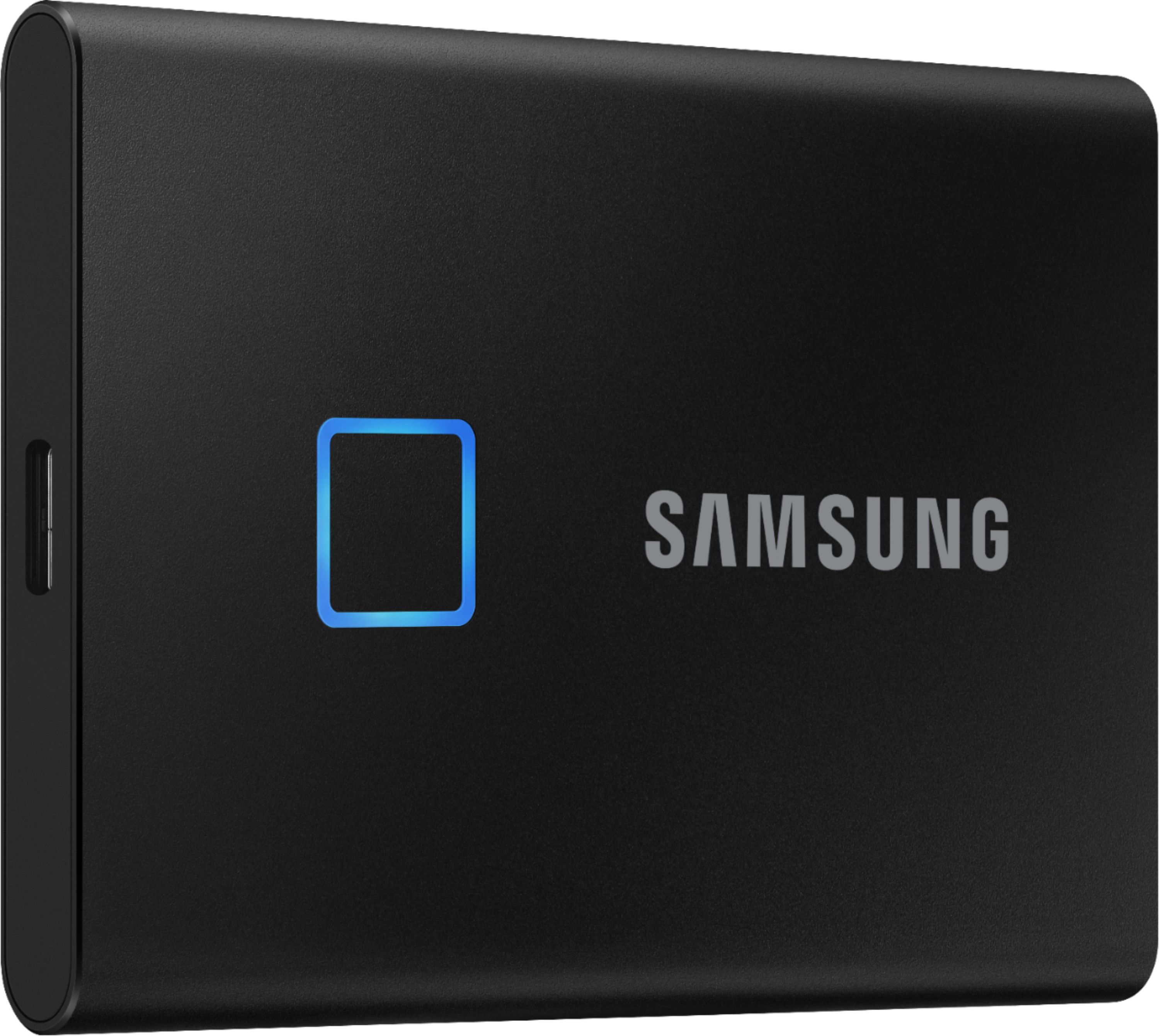 Angle View: Samsung - Geek Squad Certified Refurbished T7 2TB External USB 3.2 Gen 2 Portable SSD with Hardware Encryption - Titan Gray