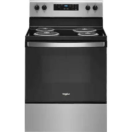 Front. Whirlpool - 4.8 Cu. Ft. Freestanding Electric Range with Self-Cleaning and Keep Warm Setting - Stainless Steel.
