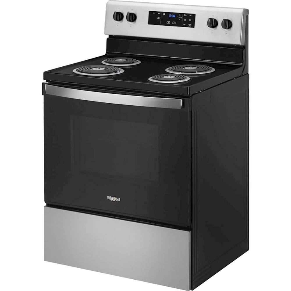 Left. Whirlpool - 4.8 Cu. Ft. Freestanding Electric Range with Self-Cleaning and Keep Warm Setting - Stainless steel.
