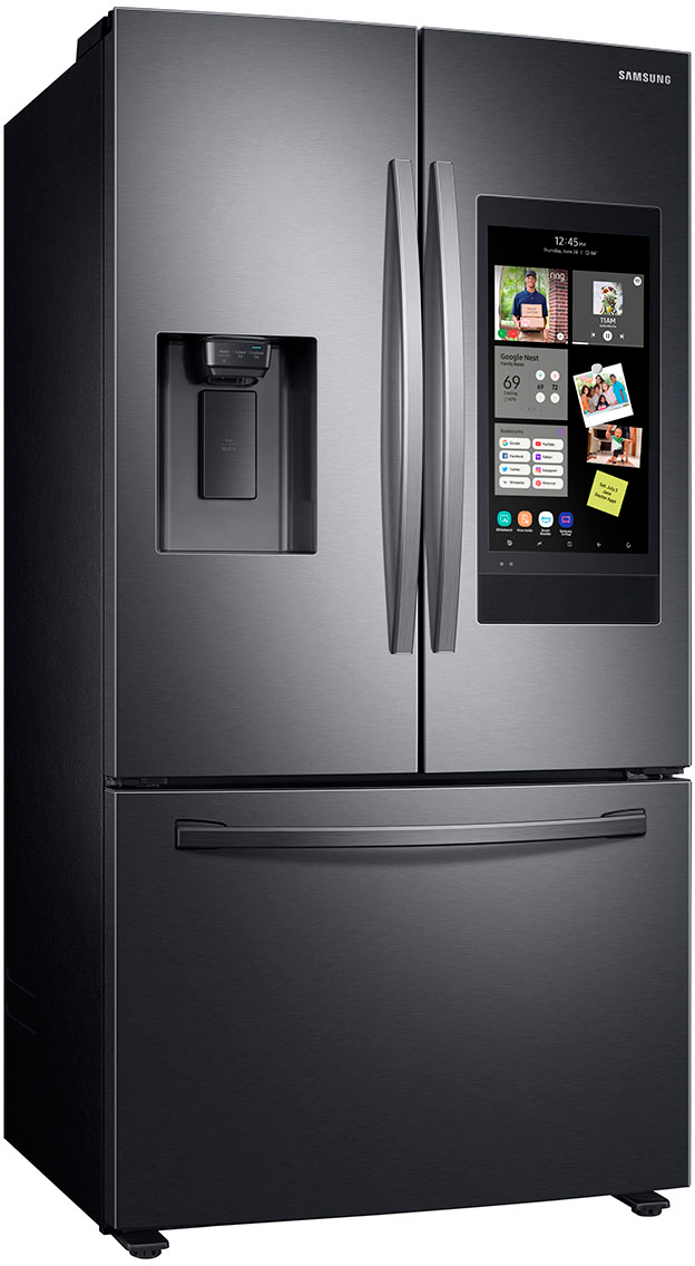 Angle View: Samsung - 26.5 cu. ft. 3-Door French Door Smart Refrigerator with Family Hub - Black Stainless Steel