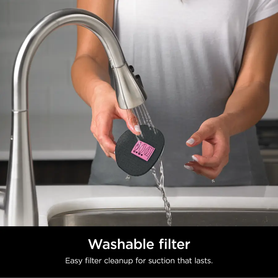 The text on the image reads: "Washable filter. Easy filter cleanup for suction that lasts."