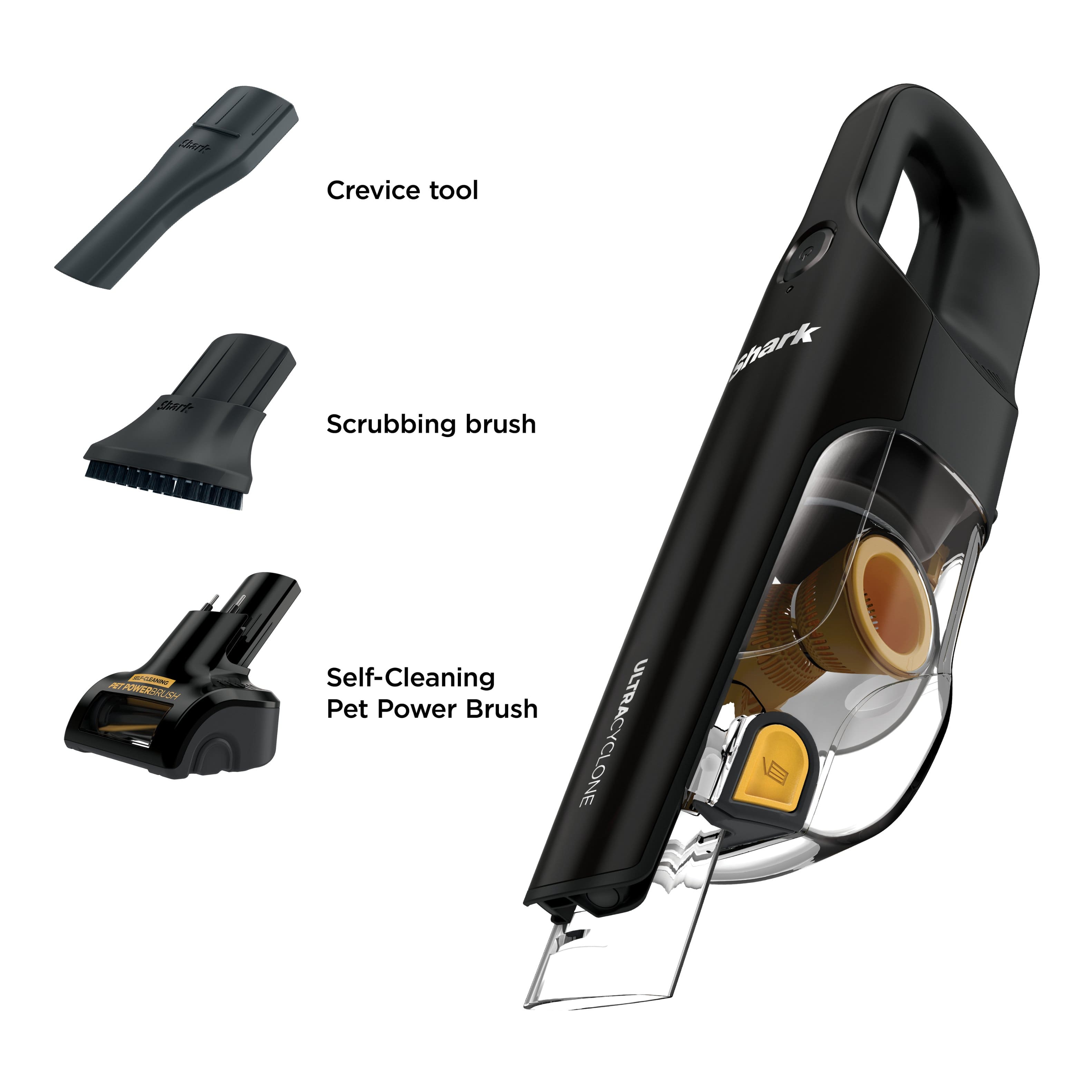 The image features a black pet hair vacuum cleaner with a brush attachment. The vacuum is designed for self-cleaning and has a pet power brush. The brush attachment is used for scrubbing and cleaning purposes. The vacuum is also equipped with a crevice tool for cleaning hard-to-reach areas. The image showcases the various parts of the vacuum cleaner and its attachments, making it a comprehensive guide for users.