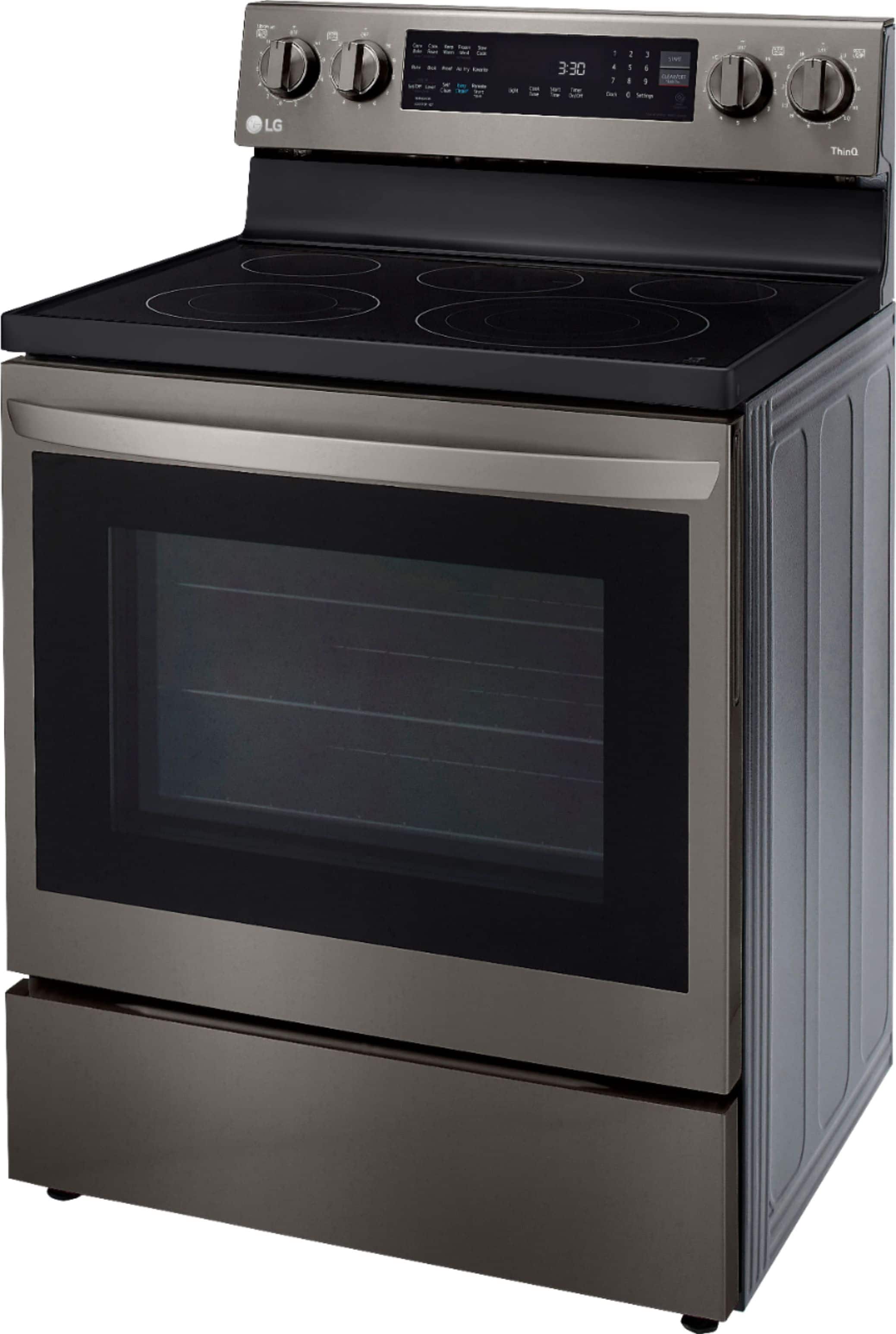 Angle. LG - 6.3 Cu. Ft. Smart Freestanding Electric Convection Range with EasyClean and InstaView - PrintProof Black Stainless Steel.