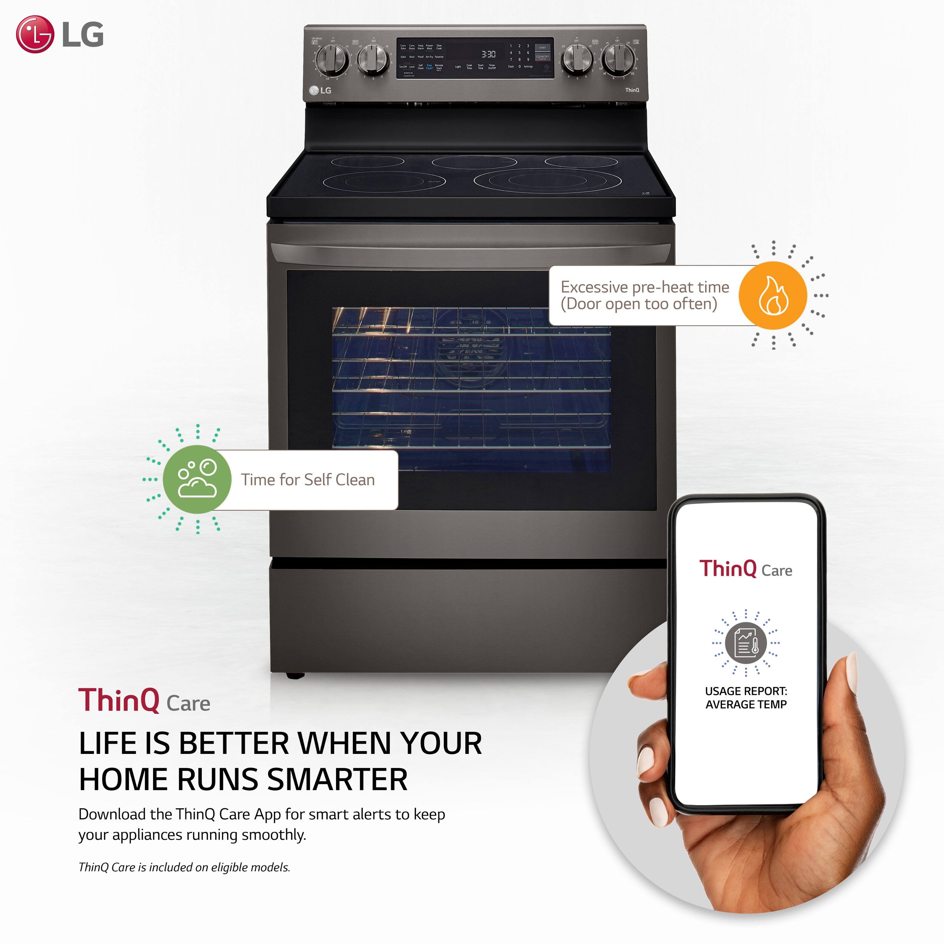 LG ThinQ Care:

* Excessive pre-heat time (Door open too often)
* Time for Self Clean
* Download the ThinQ Care App for smart alerts to keep your appliances running smoothly.
* Usage report: Average temp
* ThinQ Care is included on eligible models.