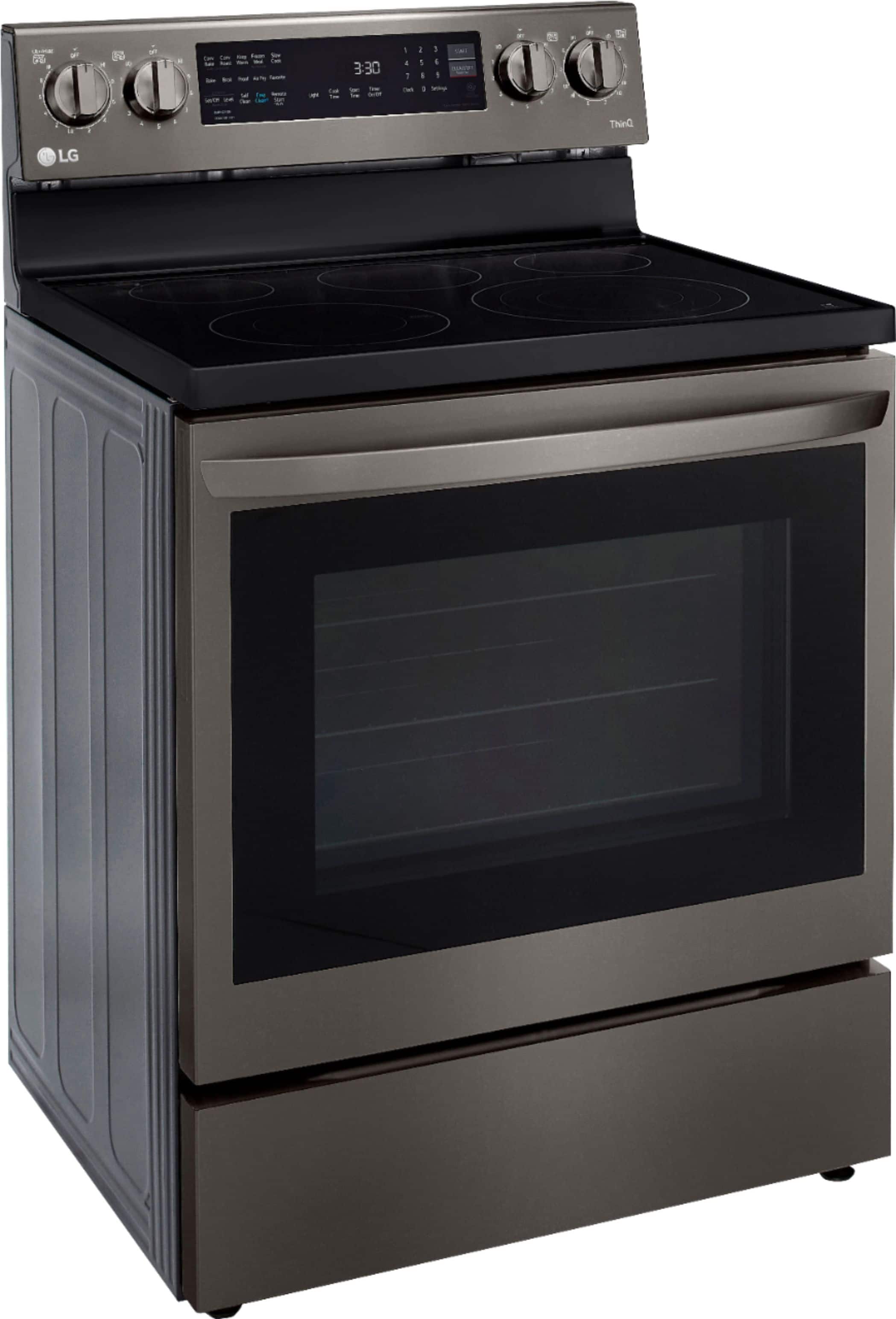Left. LG - 6.3 Cu. Ft. Smart Freestanding Electric Convection Range with EasyClean and InstaView - PrintProof Black Stainless Steel.
