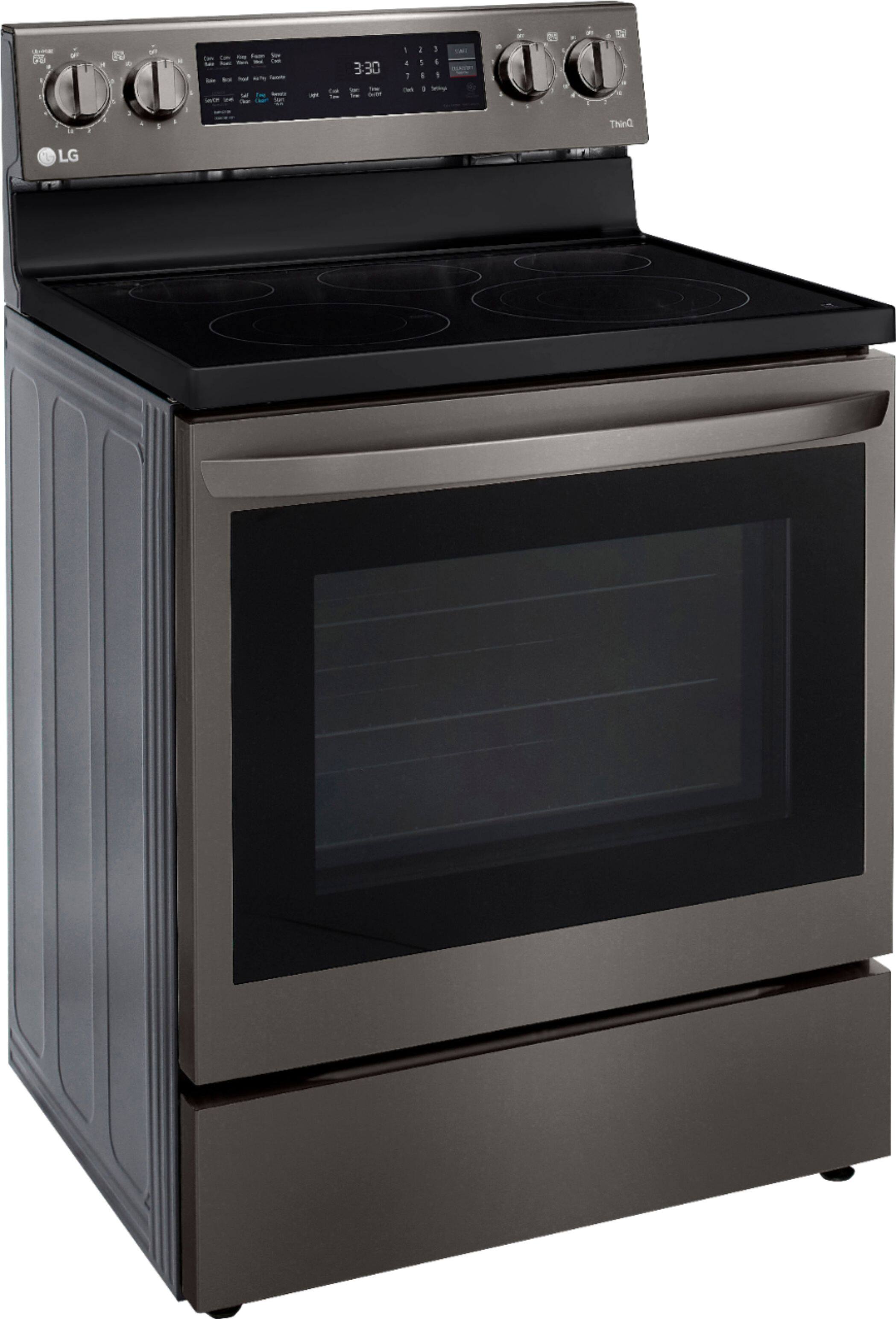 Left. LG - 6.3 Cu. Ft. Smart Freestanding Electric Convection Range with EasyClean and InstaView - PrintProof Black Stainless Steel.