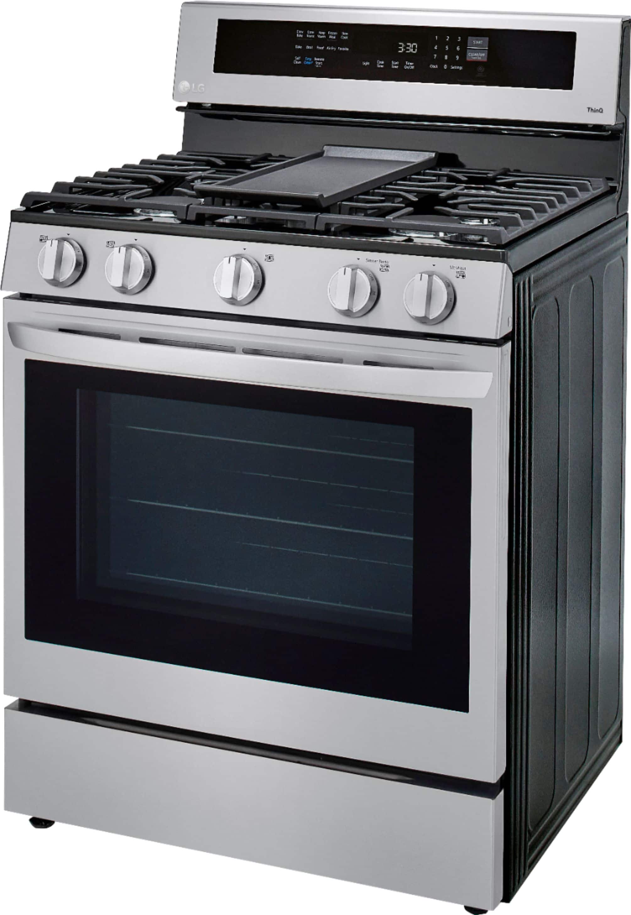 Left. LG - 5.8 Cu. Ft. Smart Freestanding Gas True Convection Range with EasyClean and InstaView - PrintProof Stainless Steel.