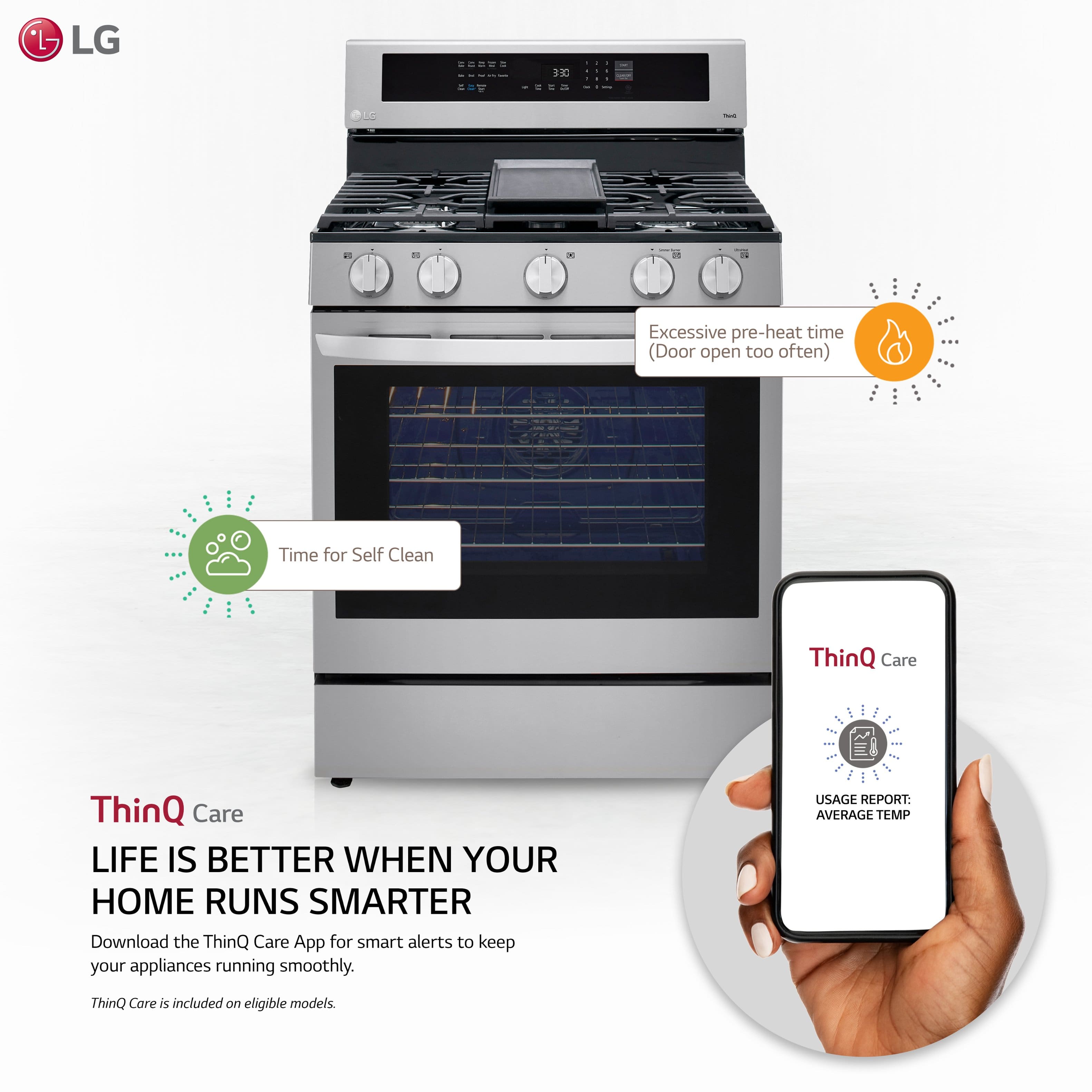 LG 3 - - - - a Excessive pre-heat time (Door open too often) Time for Self Clean ThinQ Care ThinQ Care LIFE IS BETTER WHEN YOUR HOME RUNS SMARTER Download the ThinQ Care App for smart alerts to keep your appliances running smoothly. USAGE REPORT: AVERAGE TEMP ThinQ Care is included on eligible models.