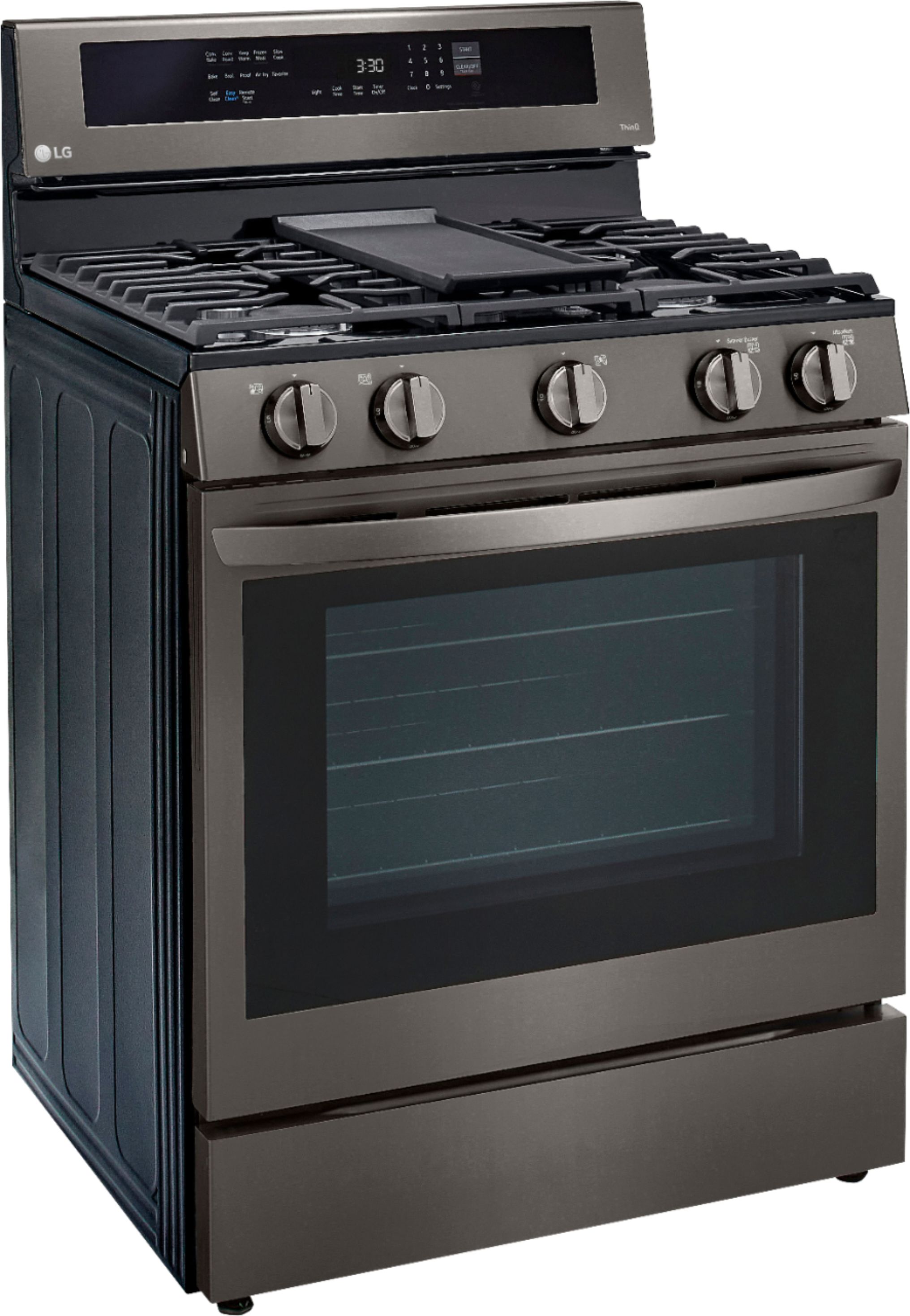 Left View: GE - 5.6 Cu. Ft. Slide-In Gas Convection Range with Self-Steam Cleaning, Built-In Wi-Fi, and No-Preheat Air Fry - Black on black
