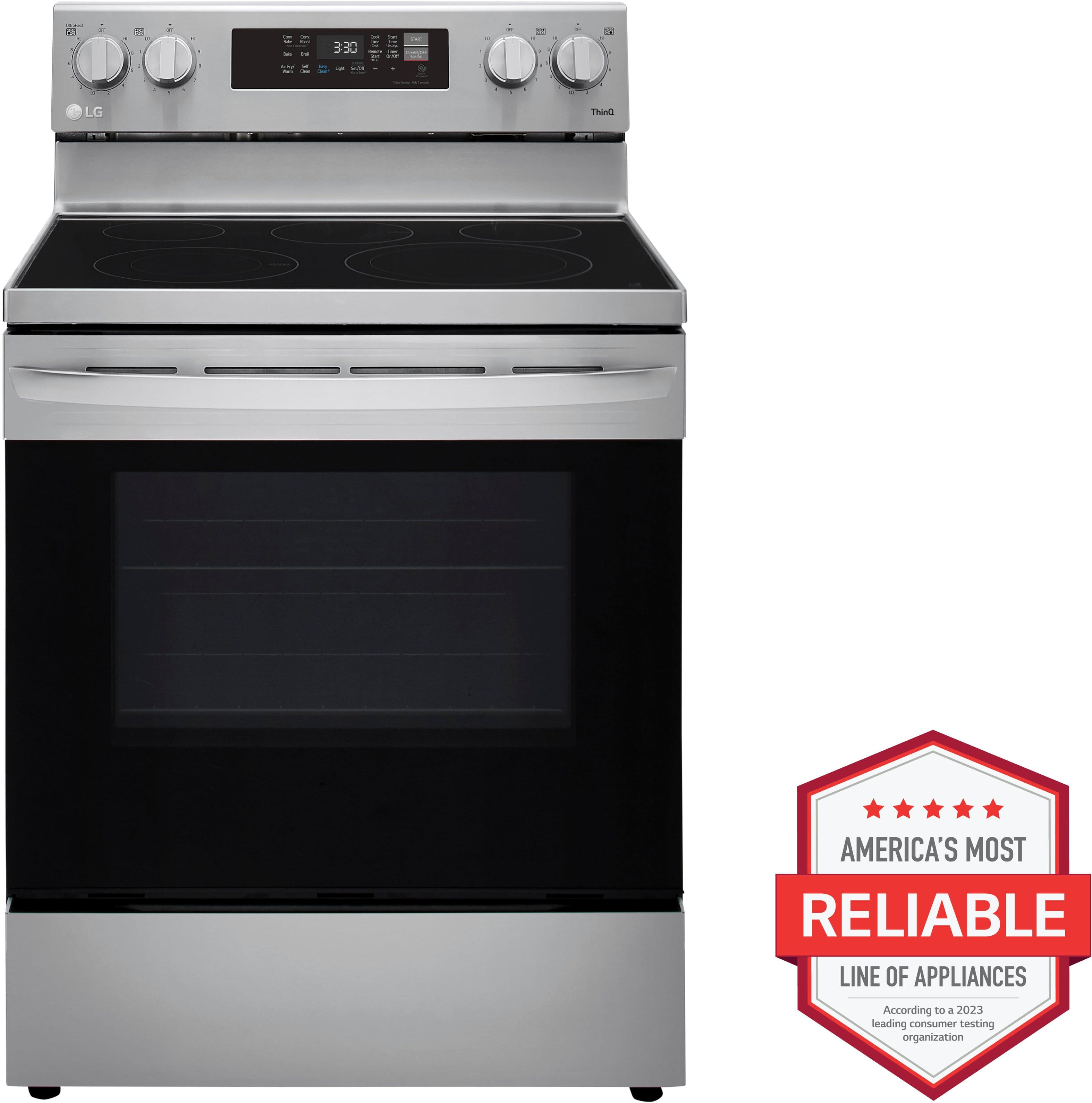 The image features a large electric stove with a stainless steel finish. It is a double oven with a digital display and various knobs for controlling the cooking process. The stove is designed to be reliable and efficient, making it a popular choice for home kitchens. The stainless steel finish adds a touch of elegance and sophistication to the appliance, making it a stylish addition to any kitchen.