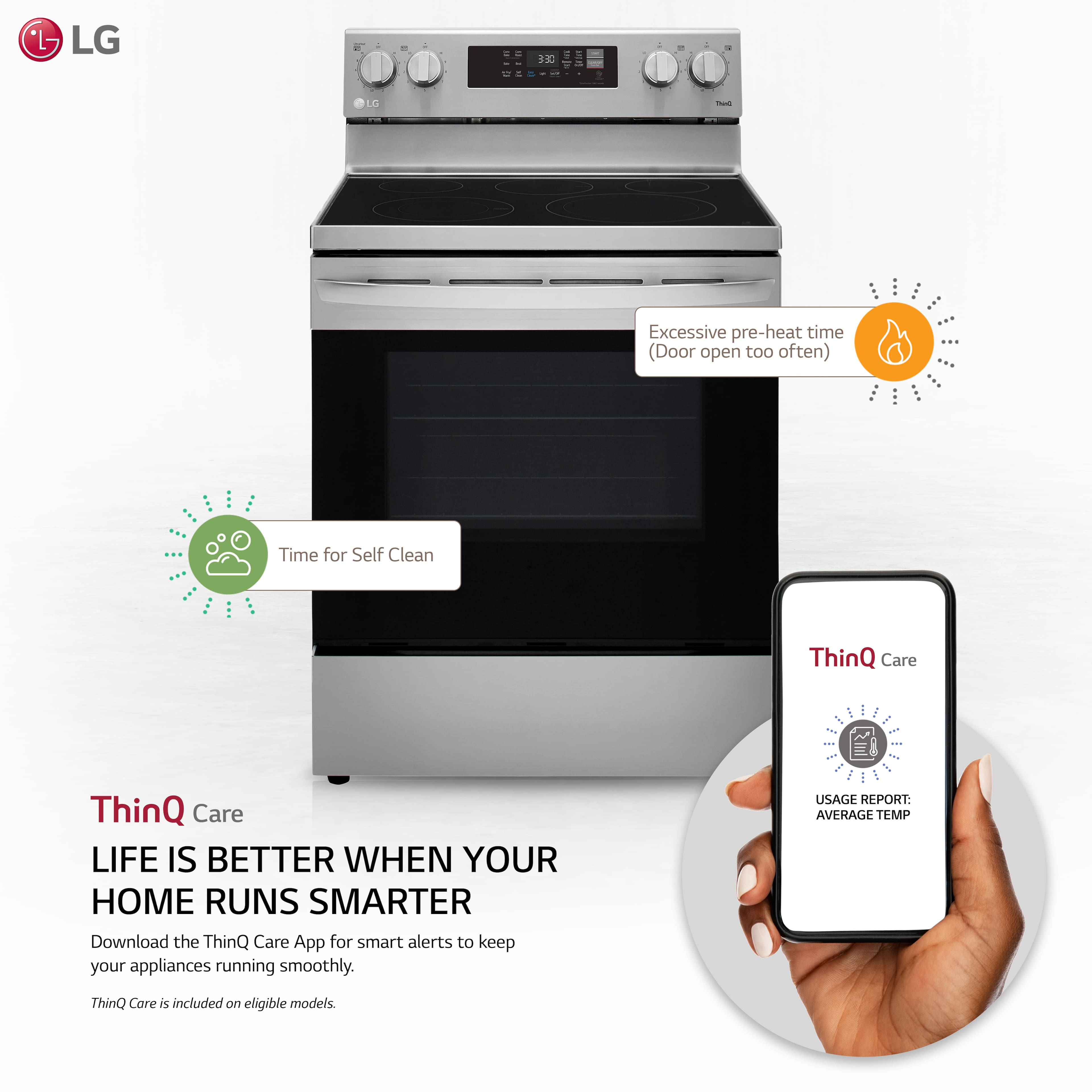 The image features an LG electric range oven with a smartphone in the foreground. The phone is displaying the ThinQ Care app, which is designed to help users monitor and maintain their appliances more efficiently. The app provides smart alerts and usage reports to ensure that the appliances are running smoothly and efficiently. The image emphasizes the convenience and benefits of using smart technology in the home.