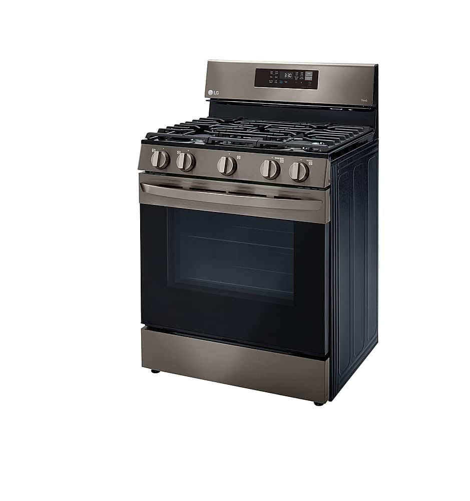 Left. LG - 5.8 Cu. Ft. Smart Freestanding Gas True Convection Range with EasyClean and AirFry - PrintProof Black Stainless Steel.