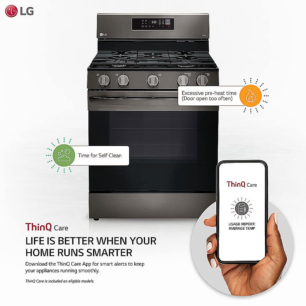 LG Excessive pre-heat time (Door open too often) Time for Self Clean ThinQ Care ThinQ Care LIFE IS BETTER WHEN YOUR HOME RUNS SMARTER Download the ThinQ Care App for smart alerts to keep your appliances running smoothly. USAGE REPORT: AVERAGE TEMP ThinQ Care is included on eligible models.