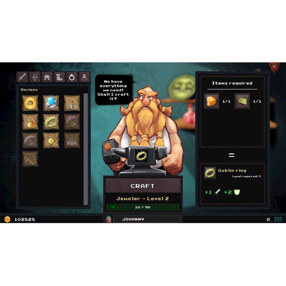 The image features a game with a character holding a crafting item. The game screen displays a list of items required for crafting, including a Goblin ring. The player is asked if they want to craft the item, and the game shows the level required to craft it. The image also shows a character named Johnny, who is likely the player's character.