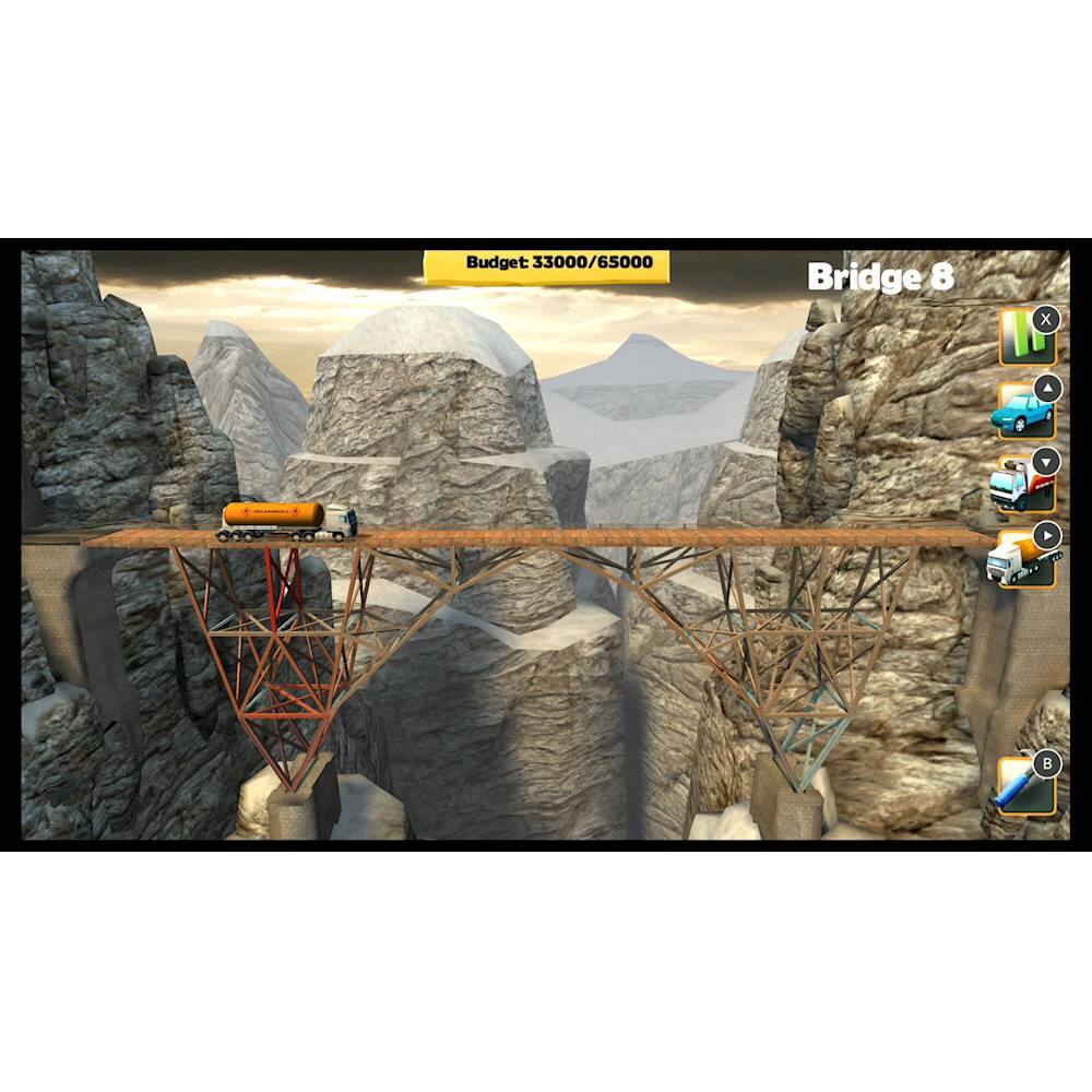 The image features a large wooden bridge with a truck crossing it. The bridge is situated between two rocky cliffs, creating a picturesque scene. The text "Budget 33000/65000 Bridge 8 x Y B A" is displayed at the top of the image, likely providing information about the bridge's construction or maintenance budget.