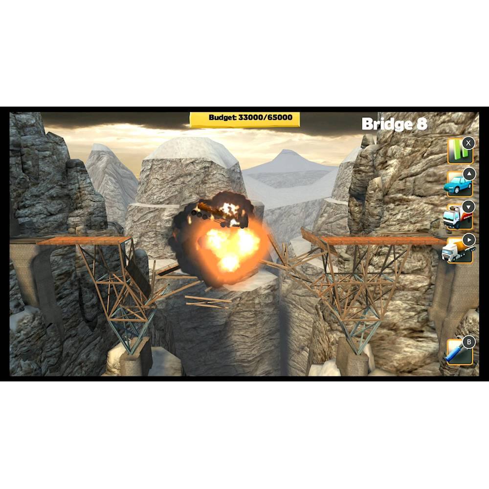 The image features a video game with a car driving over a bridge. The game is set in a mountainous environment, and the car is crossing a bridge over a river. The game is labeled "Bridge 8" and has a budget of 330,000/650,000. The car is positioned in the middle of the scene, and the bridge spans across the entire width of the image.