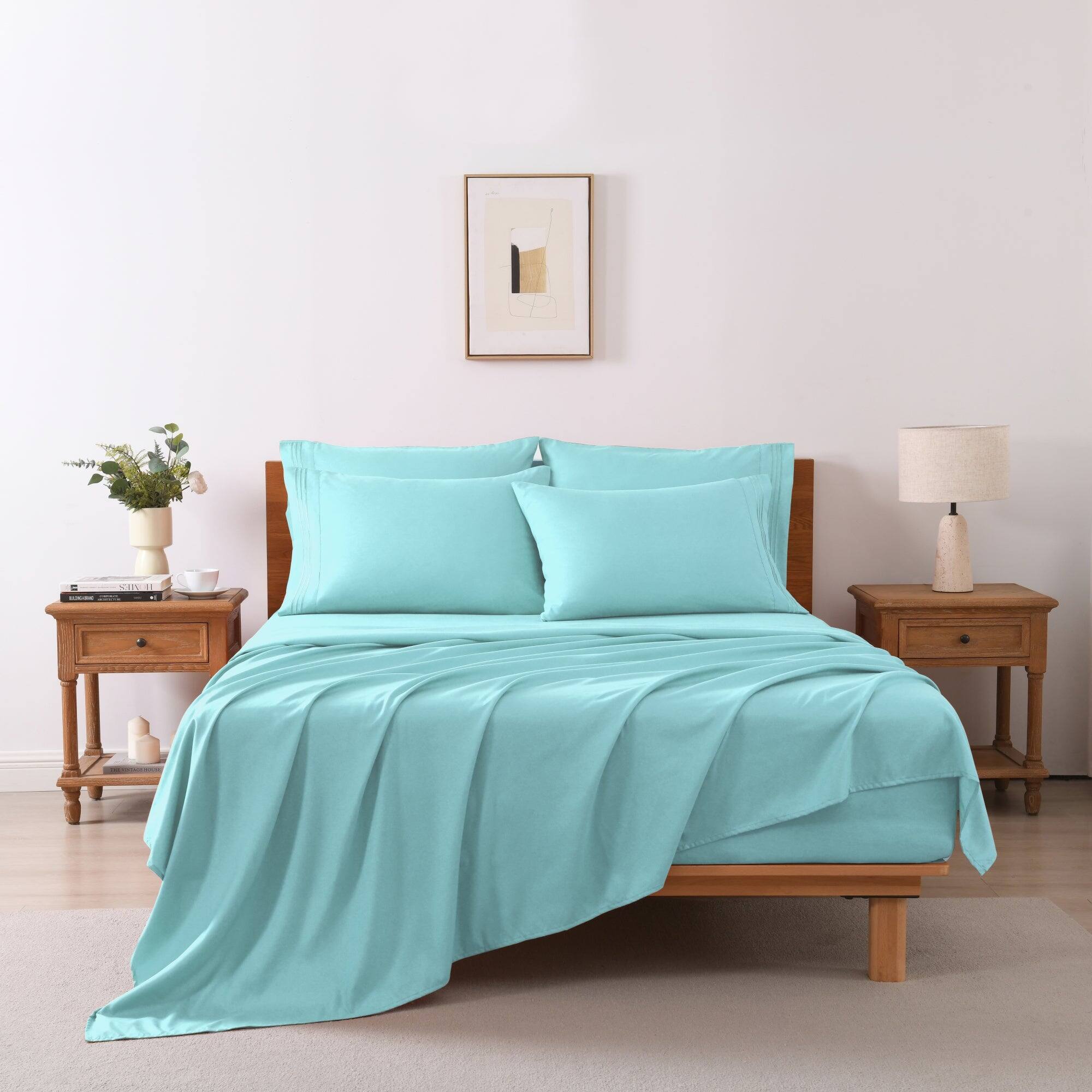 Angle. MarCielo - Marcielo 4/6 Pcs Soft Solid & Embroidery Bed Sheets Set - Aqua Blue.