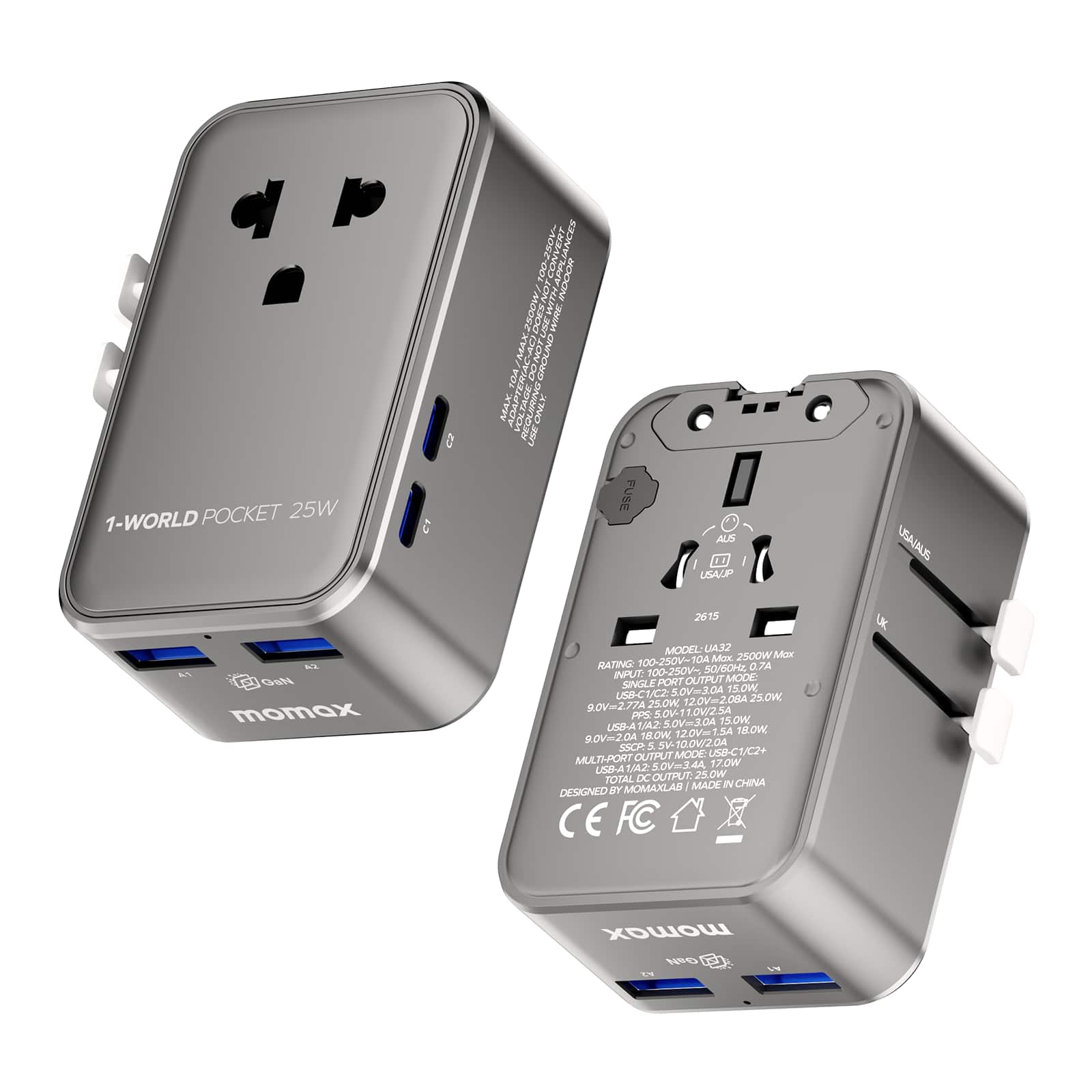 Momax - [2026 New] Universal Travel Adapter Ultra-Thin Mini GaN Charger, 25W Foldable Plug 2 USB-C + 2 USB-A + AC - Misty - Gray