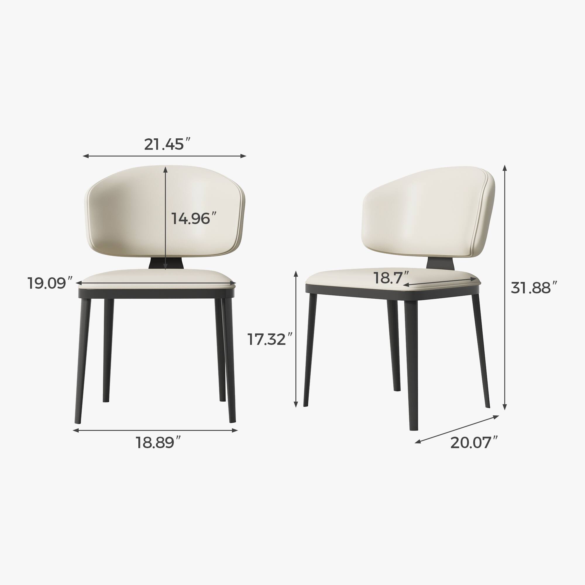 The dimensions of the chair are:

- Height: 31.88"
- Width: 18.89"
- Depth: 17.32"
- Seat height: 19.09"
- Back height: 21.45"
- Seat depth: 18.7"
- Leg width: 20.07"
