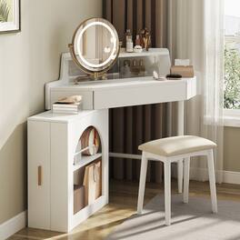 Loheer - Corner Makeup Vanity Desk with LED Mirror, Vanity Set with Stool - White