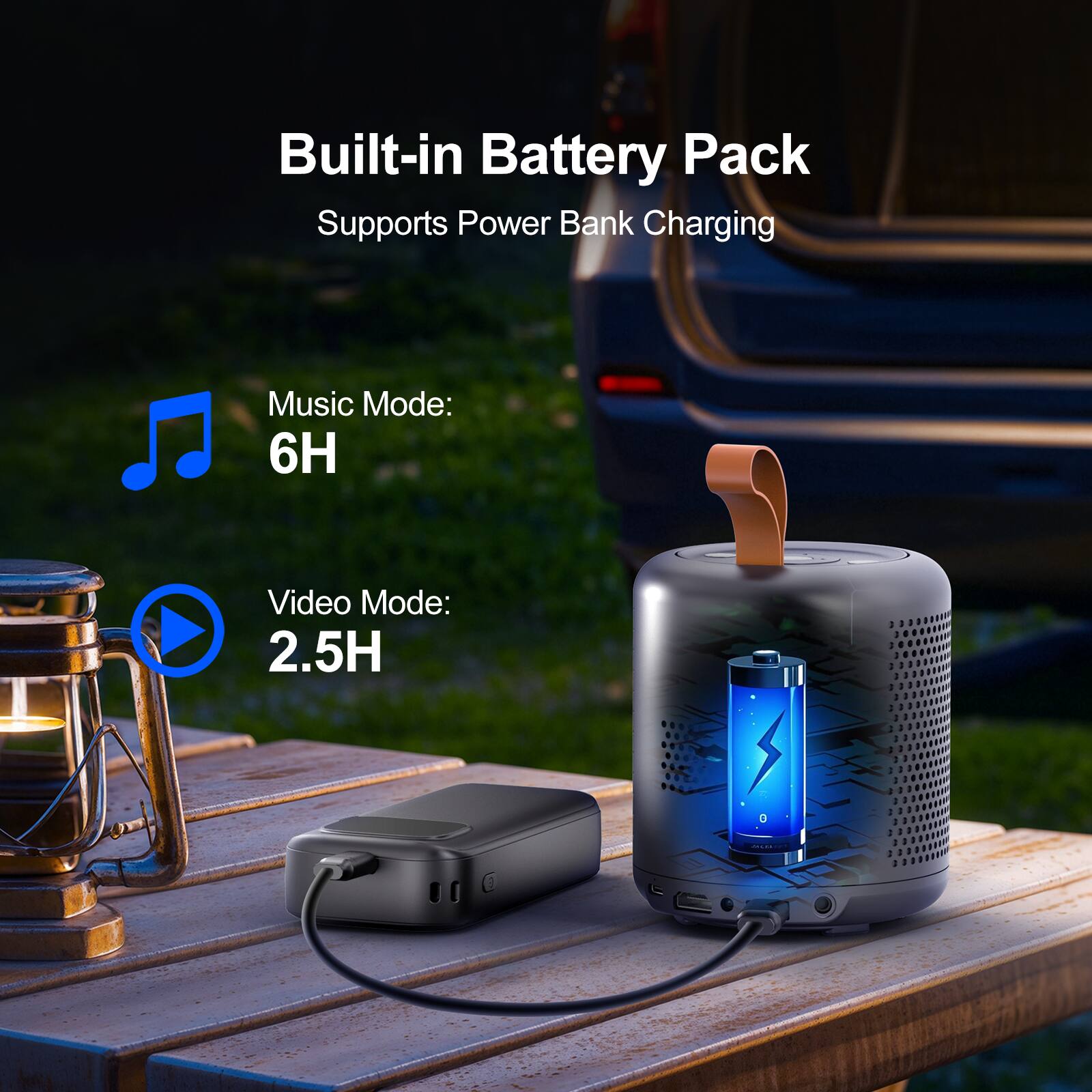 Built-in Battery Pack, Supports Power Bank Charging, Music Mode: 6H, Video Mode: 2.5H