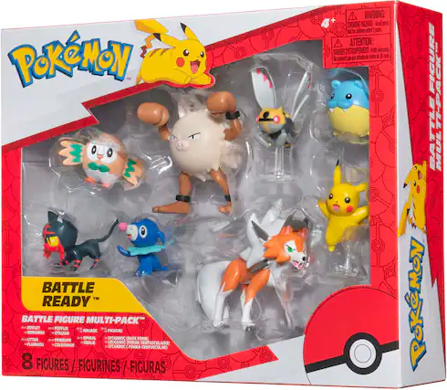 Pokemon 1 Battle Ready Battle Figure Multi-Pack: Rowlet, Pikachu, Brindibou, Ninjask, Litten, Spheal, Lugaroc, Lycanroc, Colossus, and Ramiaou. 8 figures, figurines, and figuritas. Warning: Choking hazard. Small parts. Not suitable for children under 3 years. Attention: Danger of suffocation. Keep out of reach of children.