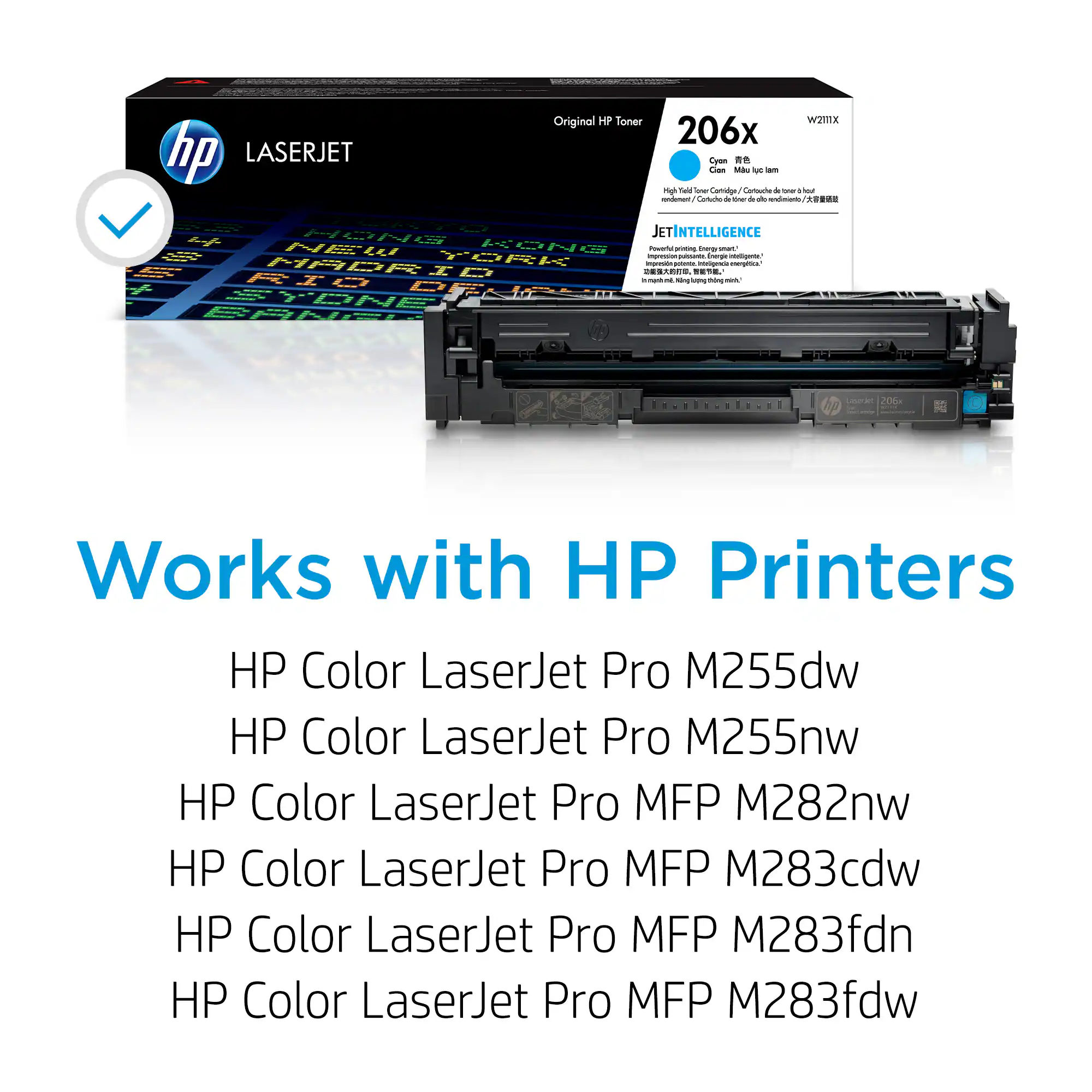 The image features a box of HP LaserJet toner cartridges, which are compatible with various HP printers. The box contains toner cartridges for the HP Color LaserJet Pro M255dw, M255nw, M282nw, M283cdw, M283fdn, and M283fdw printers. The toner cartridges are designed to work with HP printers, providing reliable and high-quality printing.