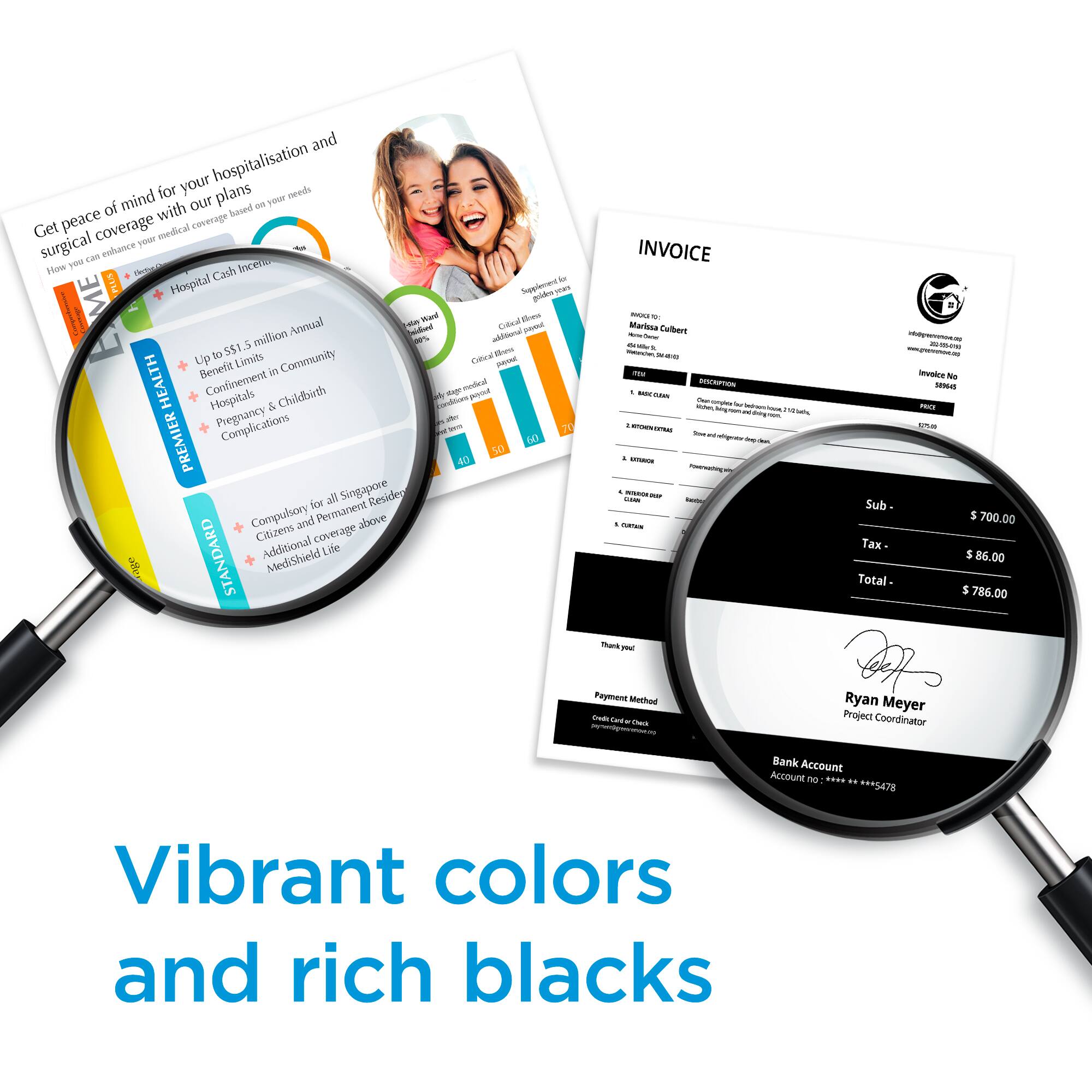 Vibrant colors and rich blacks