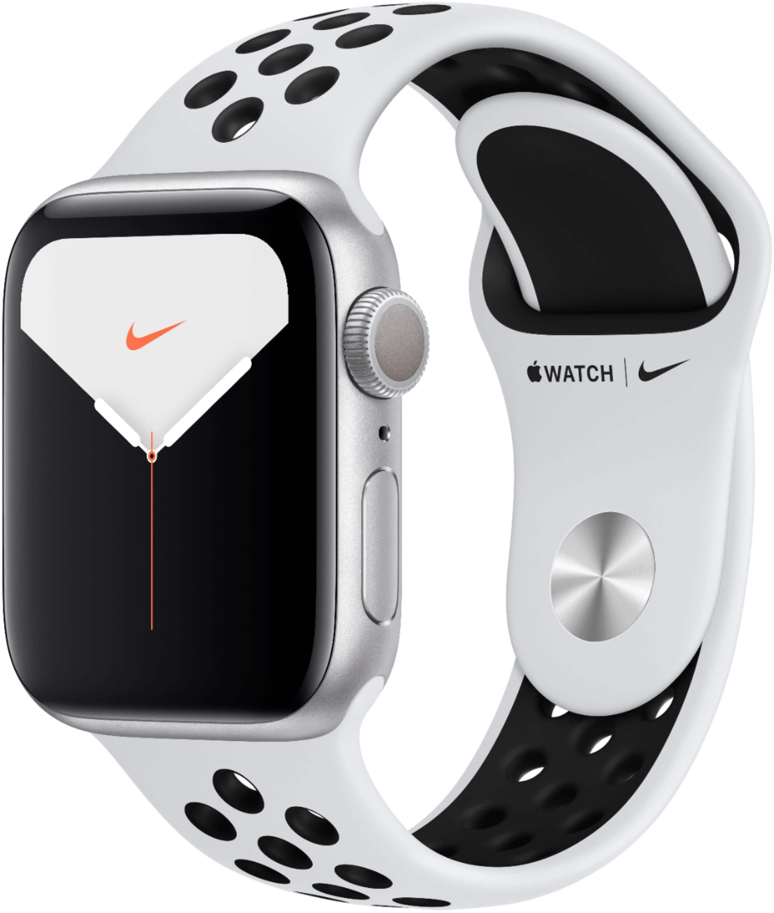 Front. Apple - Geek Squad Certified Refurbished Apple Watch Nike Series 5 (GPS) 40mm Aluminum Case with Nike Sport Band.