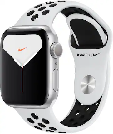 Front. Apple - Geek Squad Certified Refurbished Apple Watch Nike Series 5 (GPS) 40mm Aluminum Case with Nike Sport Band.