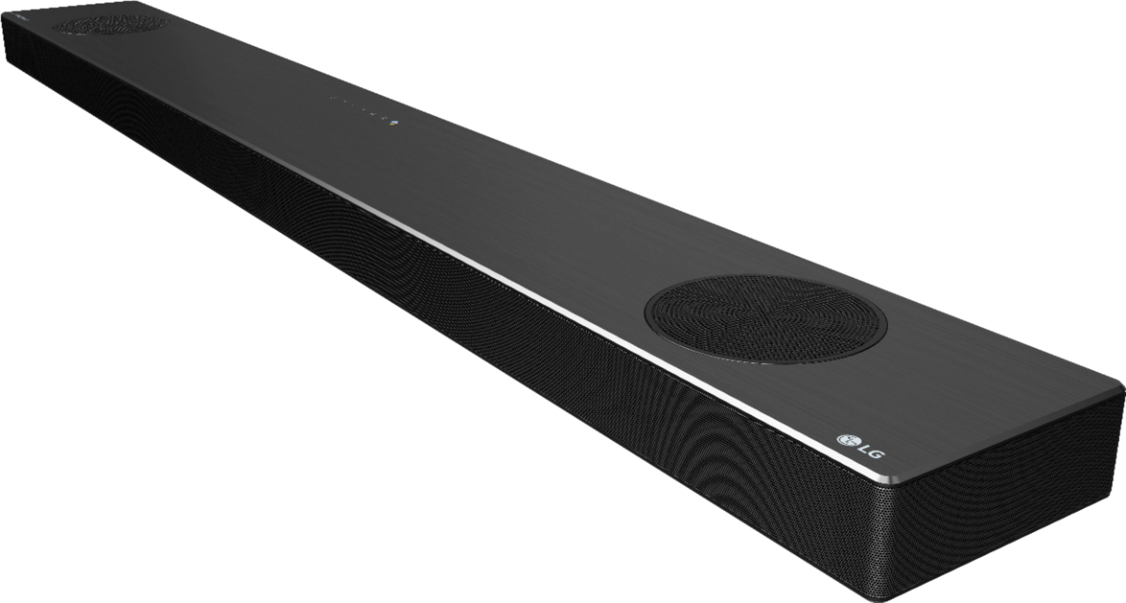 Left. LG - 5.1.2-Channel 520W Soundbar System with Wireless Subwoofer and 4K & HDR Support and Dolby Atmos with Google Assistant - Black.