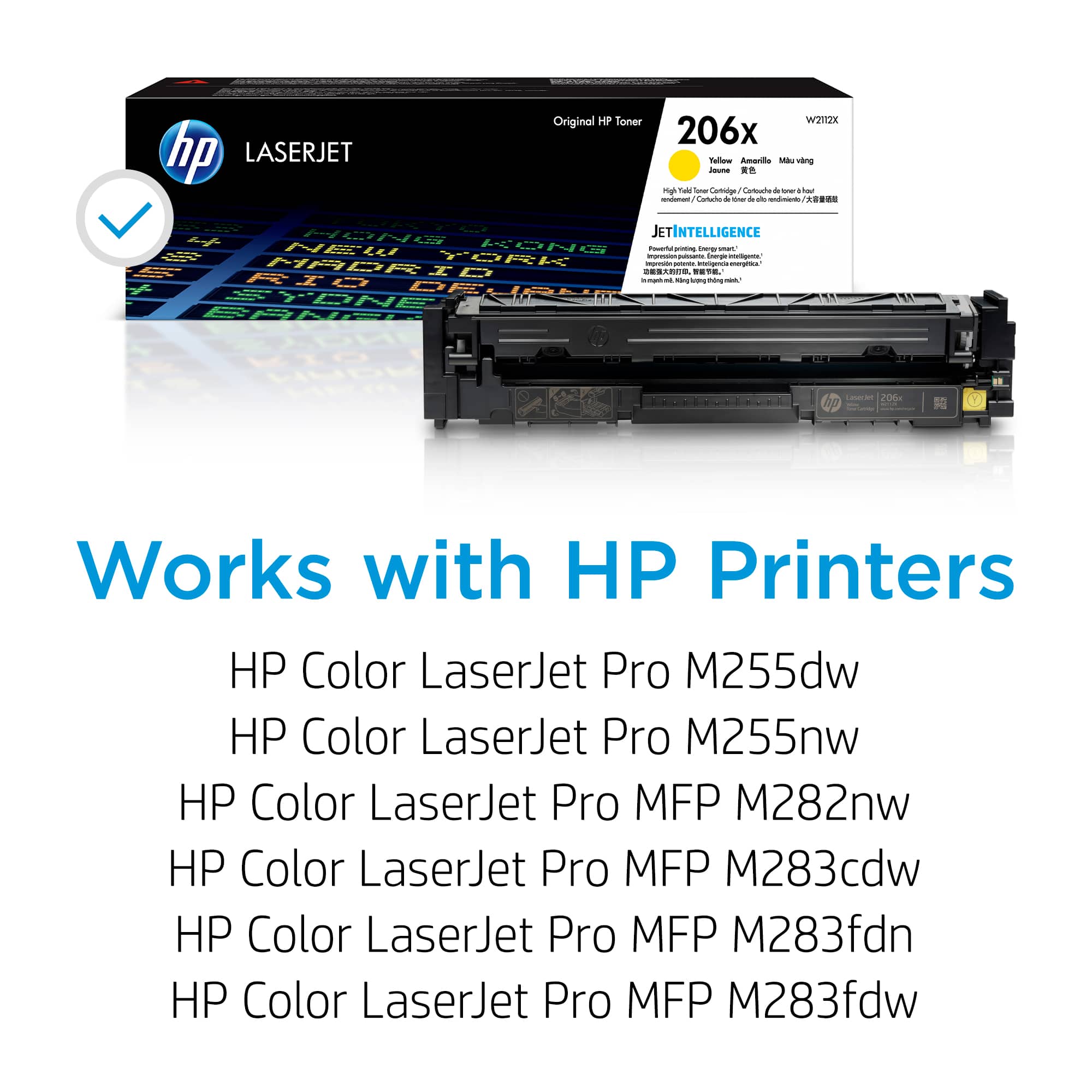 The image features a box of HP LaserJet toner cartridges, which are designed to work with various HP printers. The toner cartridges come in different sizes and capacities, such as 206x, 255dw, 255nw, 282nw, 283cdw, 283fdn, and 283fdw. These toner cartridges are compatible with HP printers and can be used to print high-quality documents and images.