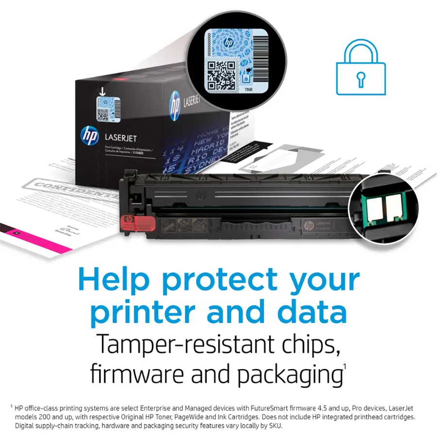 The image features a HP LaserJet printer with a tamper-resistant chip, firmware, and packaging. The printer is designed to protect your printer and data from tampering. The advertisement emphasizes the importance of using HP office-class printing systems, which include FutureSmart firmware 4.5 and up, Pro devices, and LaserJet models 200 and up. These systems come with Original HP Toner, PageWide, and Ink Cartridges, ensuring optimal performance and security. The advertisement also highlights the digital supply-chain tracking and hardware security features that come with HP printers.