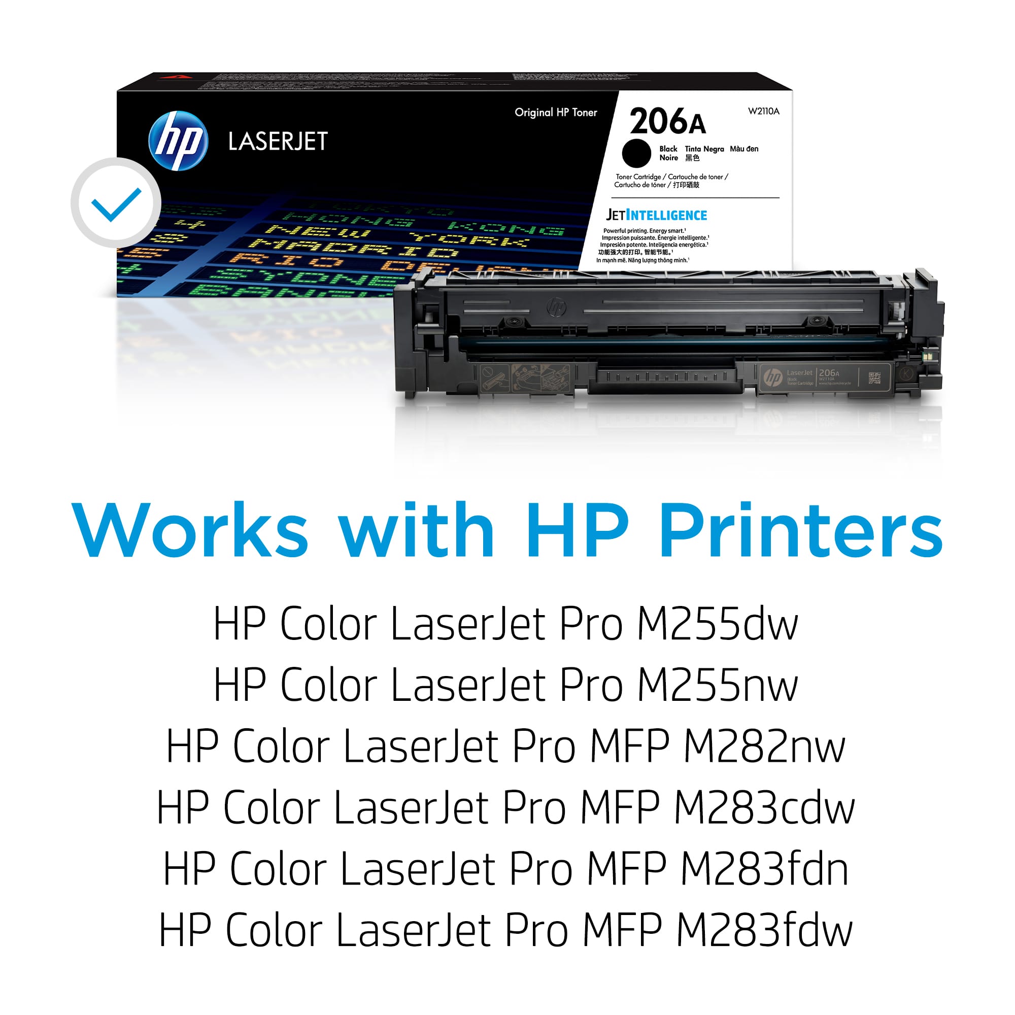The image features a box of HP LaserJet toner cartridges, which are designed to work with various HP printers. The toner cartridges are advertised as being compatible with the following HP printers:
1. HP Color LaserJet Pro M255dw
2. HP Color LaserJet Pro M255nw
3. HP Color LaserJet Pro MFP M282nw
4. HP Color LaserJet Pro MFP M283cdw
5. HP Color LaserJet Pro MFP M283fdn
6. HP Color LaserJet Pro MFP M283fdw
The box of toner cartridges is displayed on a white background, with the HP logo visible in the top left corner. The advertisement emphasizes the compatibility of these toner cartridges with various HP printers, making them a practical choice for users of these devices.