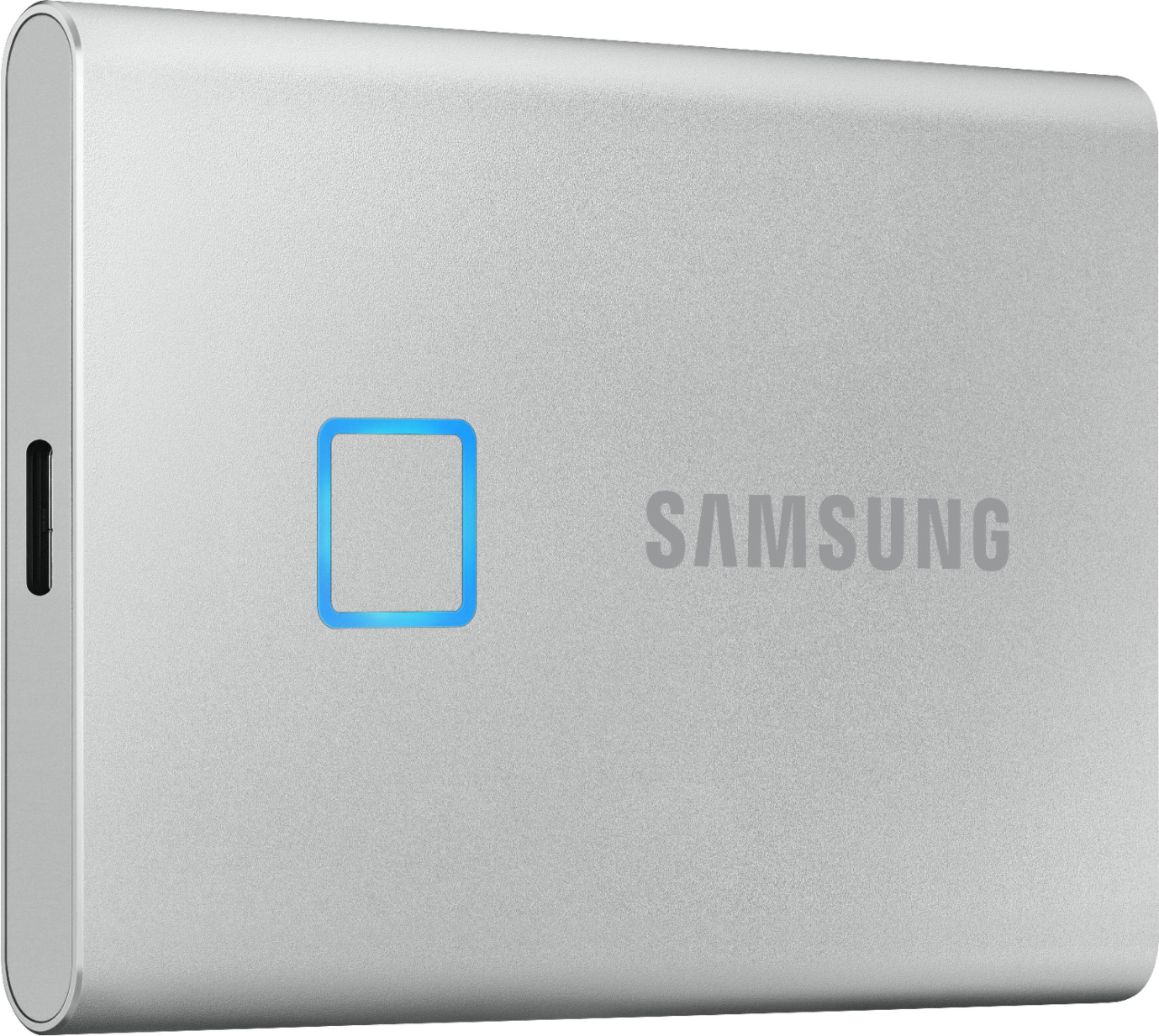 Angle View: Samsung - Refurbished T7 Touch 500GB External USB 3.2 Gen 2 Portable Solid State Drive with Hardware Encryption - Silver