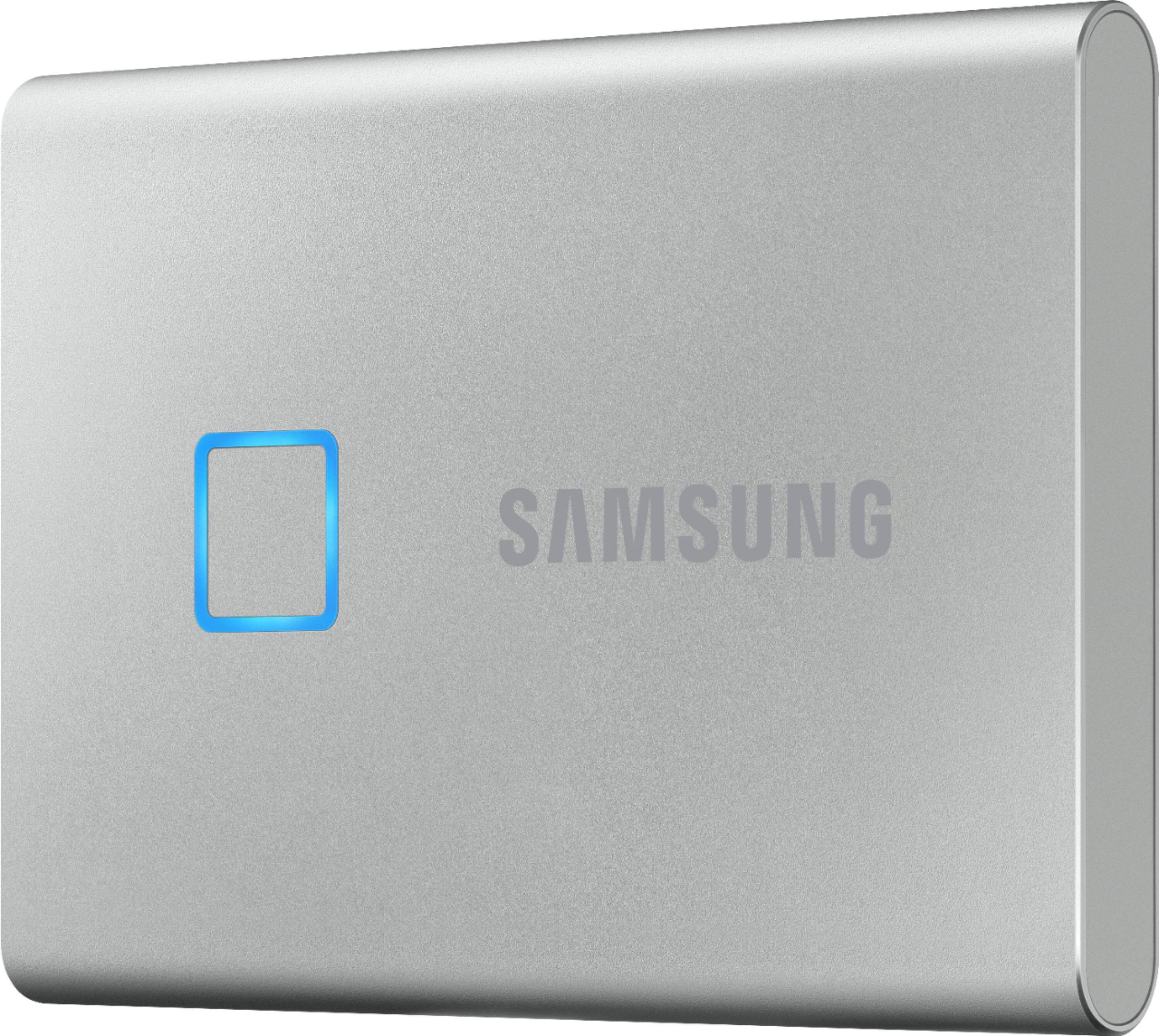 Left View: Samsung - Refurbished T7 Touch 500GB External USB 3.2 Gen 2 Portable Solid State Drive with Hardware Encryption - Silver