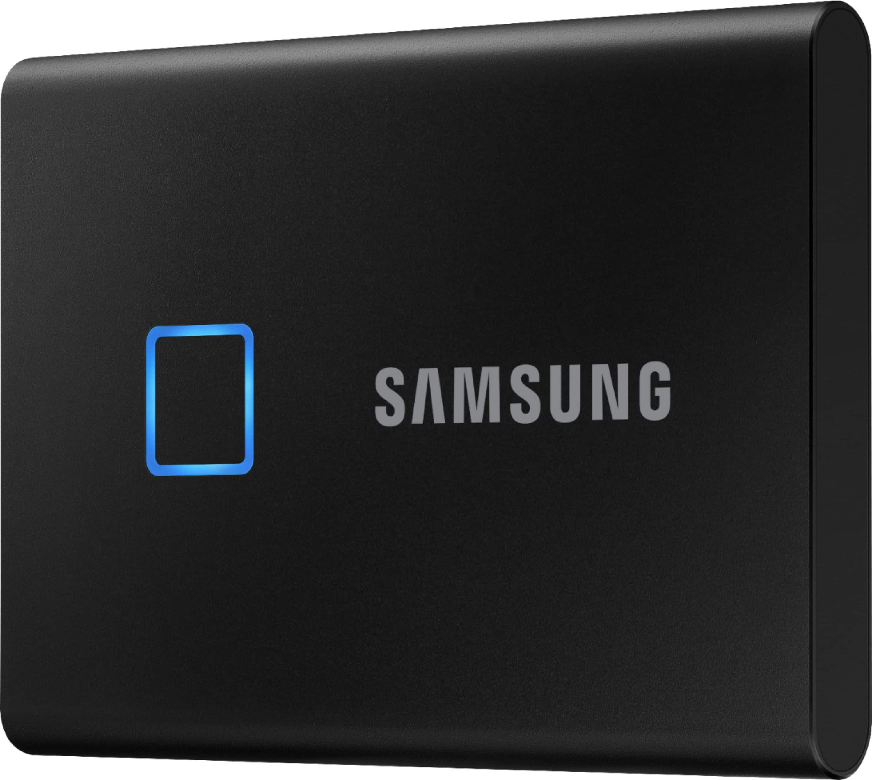 Left View: Samsung - Refurbished T7 Touch 2TB External USB 3.2 Gen 2 Portable Solid State Drive with Hardware Encryption - Black