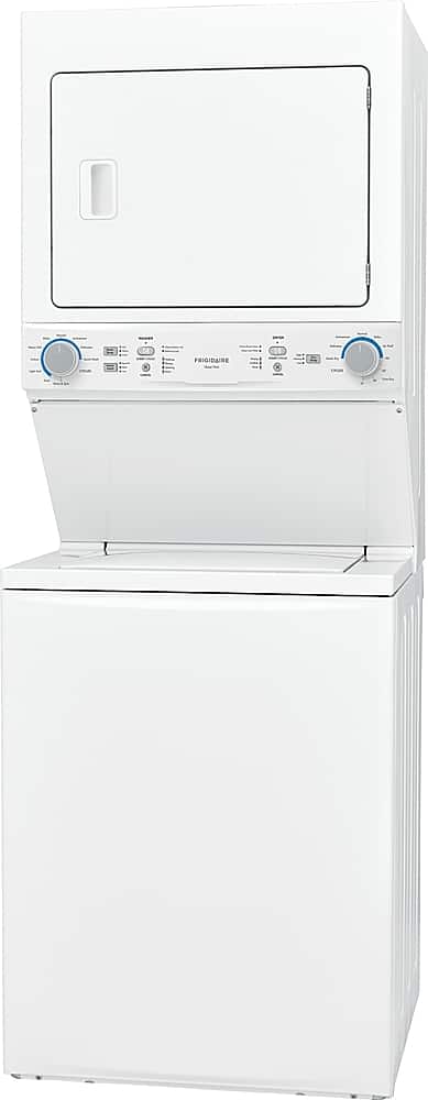 The image features a white washer and dryer combo, with the washer on top and the dryer below. The washer has a control panel with buttons, and the dryer has a control panel as well. The appliances are placed in a kitchen setting, with a refrigerator nearby. The image showcases the modern design and functionality of these appliances, making them an essential part of a well-equipped kitchen.