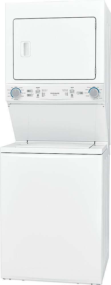 The image features a white washer and dryer combo, with the washer on top and the dryer below. The washer has a control panel with buttons, and the dryer has a control panel as well. The appliances are placed in a kitchen setting, with a refrigerator nearby. The image showcases the modern design and functionality of these appliances, making them an essential part of a well-equipped kitchen.
