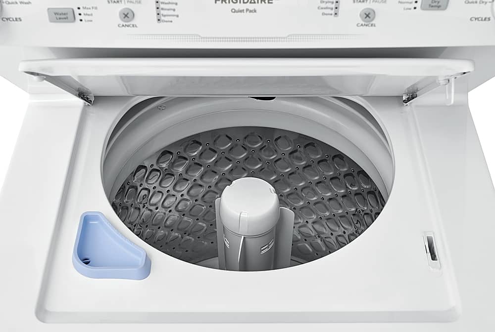 The image features a white washing machine with a spin cycle drain plug. The machine has a blue handle and a spin cycle drain plug. The spin cycle drain plug is located in the bottom of the washing machine. The machine is designed to have quick cycles and a quiet pack, making it a convenient and efficient appliance for laundry needs.