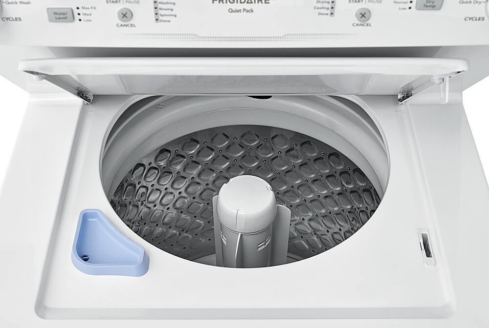 The image features a white washing machine with a spin cycle drain plug. The machine has a blue handle and a spin cycle drain plug. The spin cycle drain plug is located in the bottom of the washing machine. The machine is designed to have quick cycles and a quiet pack, making it a convenient and efficient appliance for laundry needs.