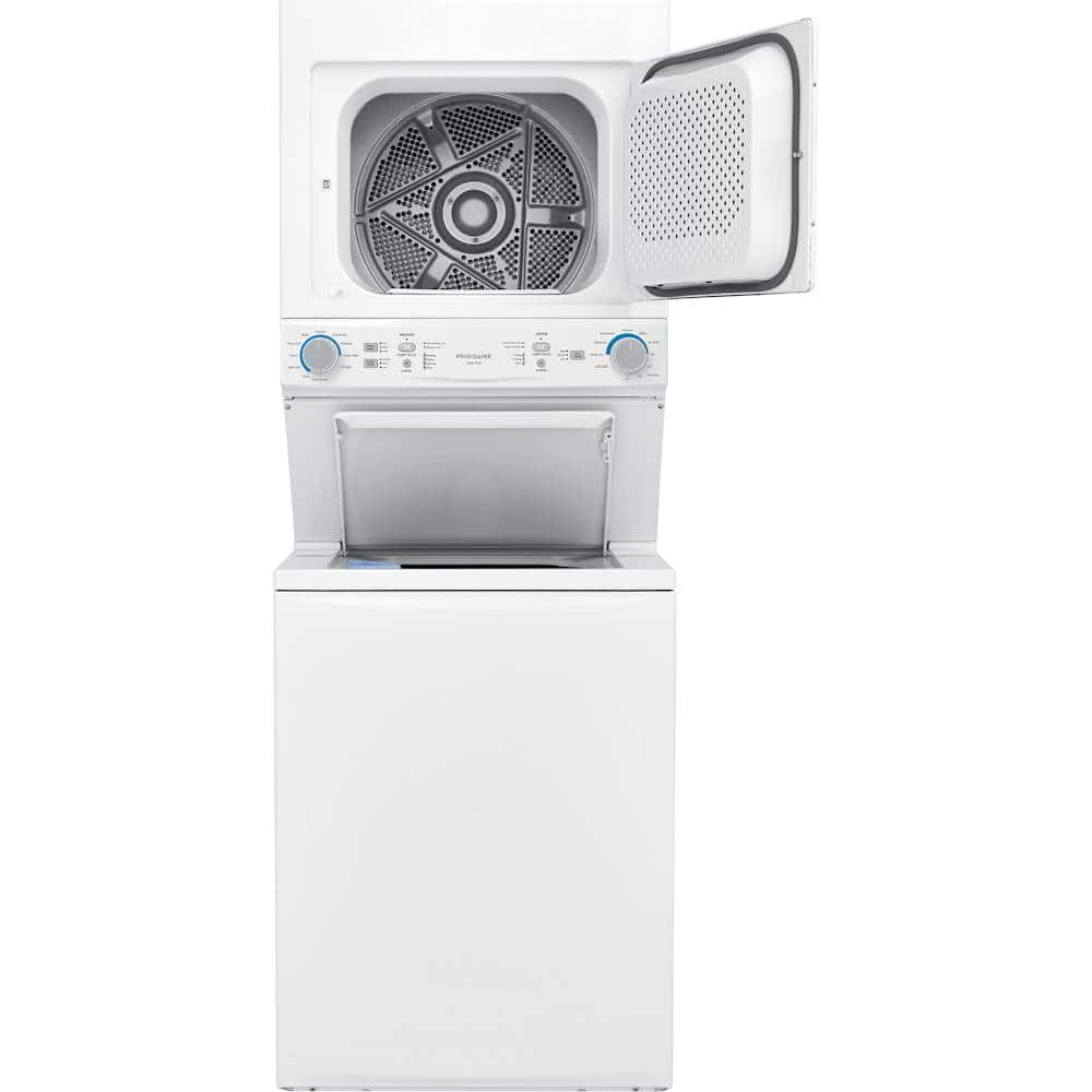 The image features a white Frigidaire washer and dryer combo. The washer has a control panel with various buttons, including options for different washing cycles, such as bulky, normal, activewear, and delicates. The dryer also has a control panel with buttons for different drying cycles, including timed dry, air fluff, and quick dry. The appliances are designed to handle a variety of laundry needs, offering users the flexibility to choose the most suitable cycle for their specific laundry items.