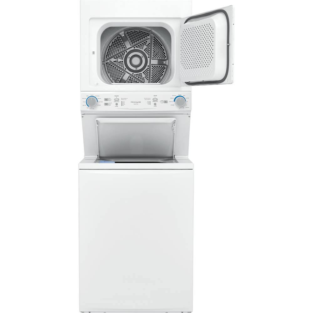 The image features a white Frigidaire washer and dryer combo. The washer has a control panel with various buttons, including options for different washing cycles, such as bulky, normal, activewear, and delicates. The dryer also has a control panel with buttons for different drying cycles, including timed dry, air fluff, and quick dry. The appliances are designed to handle a variety of laundry needs, offering users the flexibility to choose the most suitable cycle for their specific laundry items.